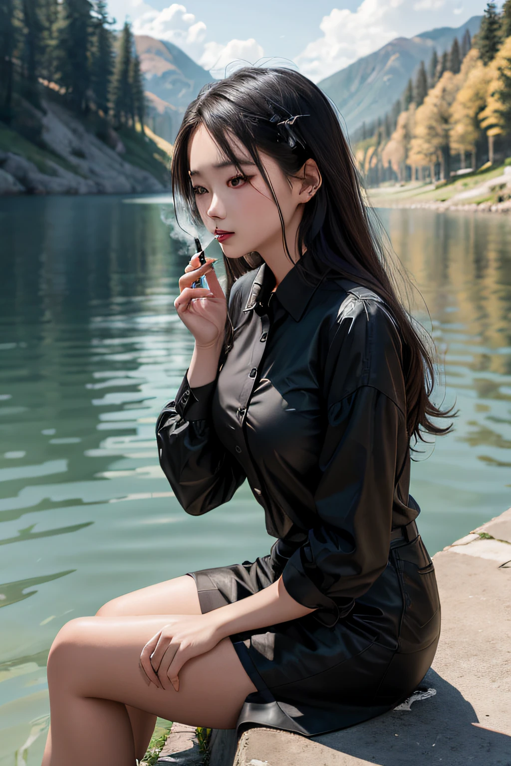 there is a woman sitting on a ledge by the water, with cigar, Korean girl, taken with canon 5d mk4, woman smoking a cigarette, taken with canon eos 5 d mark iv, Background ( Dark _ smokiness ), shot on a Canon EOS R5, shot on canon eos r 5, smoking body, Smoking woman, cigarettes, With smoke