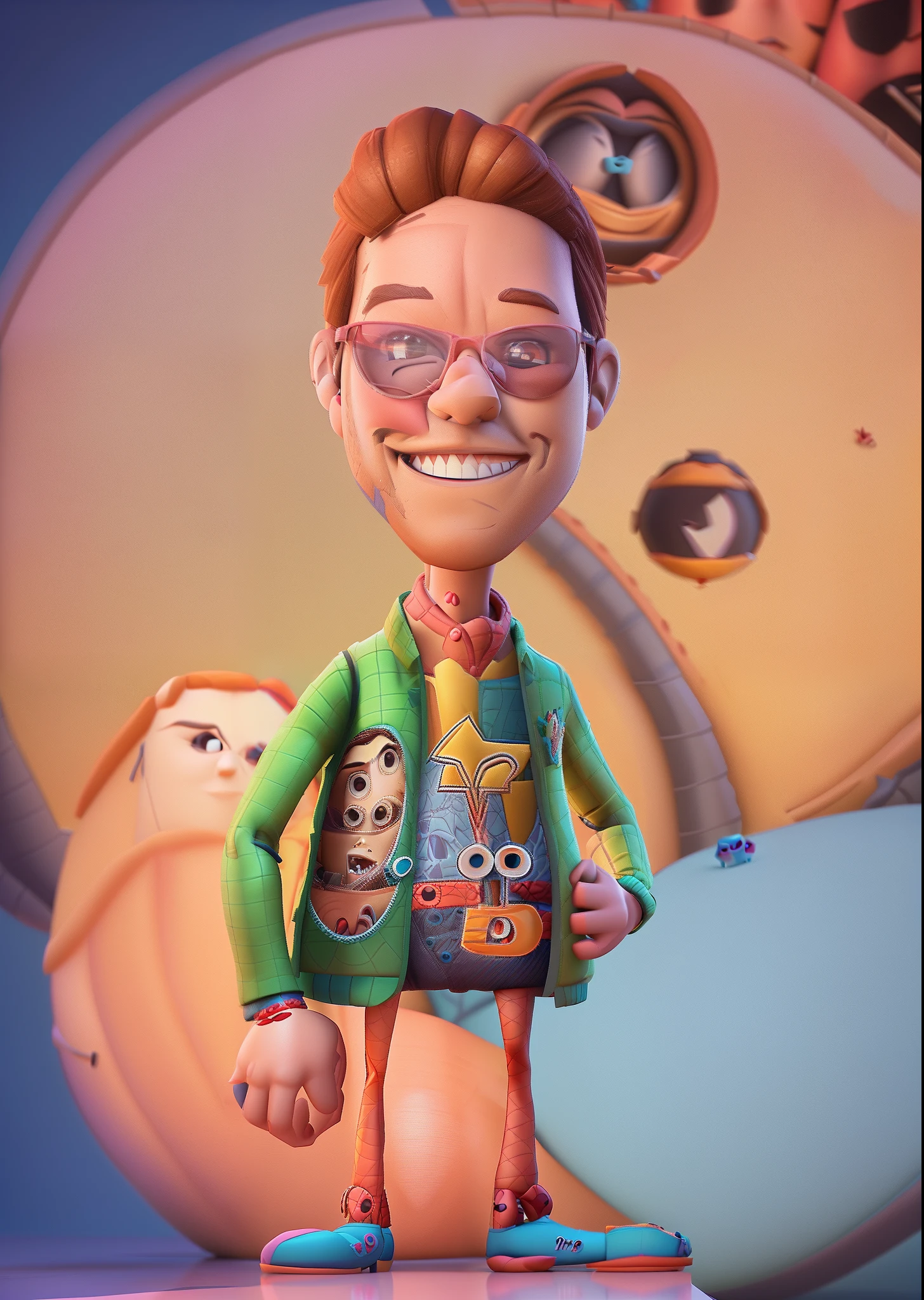 Um homem de corpo inteiro no estilo ..3d dos desenhos animados da Pixar, em camisa preta de linha longa, smiling at camera, fundo rosa macio, Funny cartoon in Pixar style, ..3d, Cinema 4D, (Estilo de personagem Pixar:1.8).