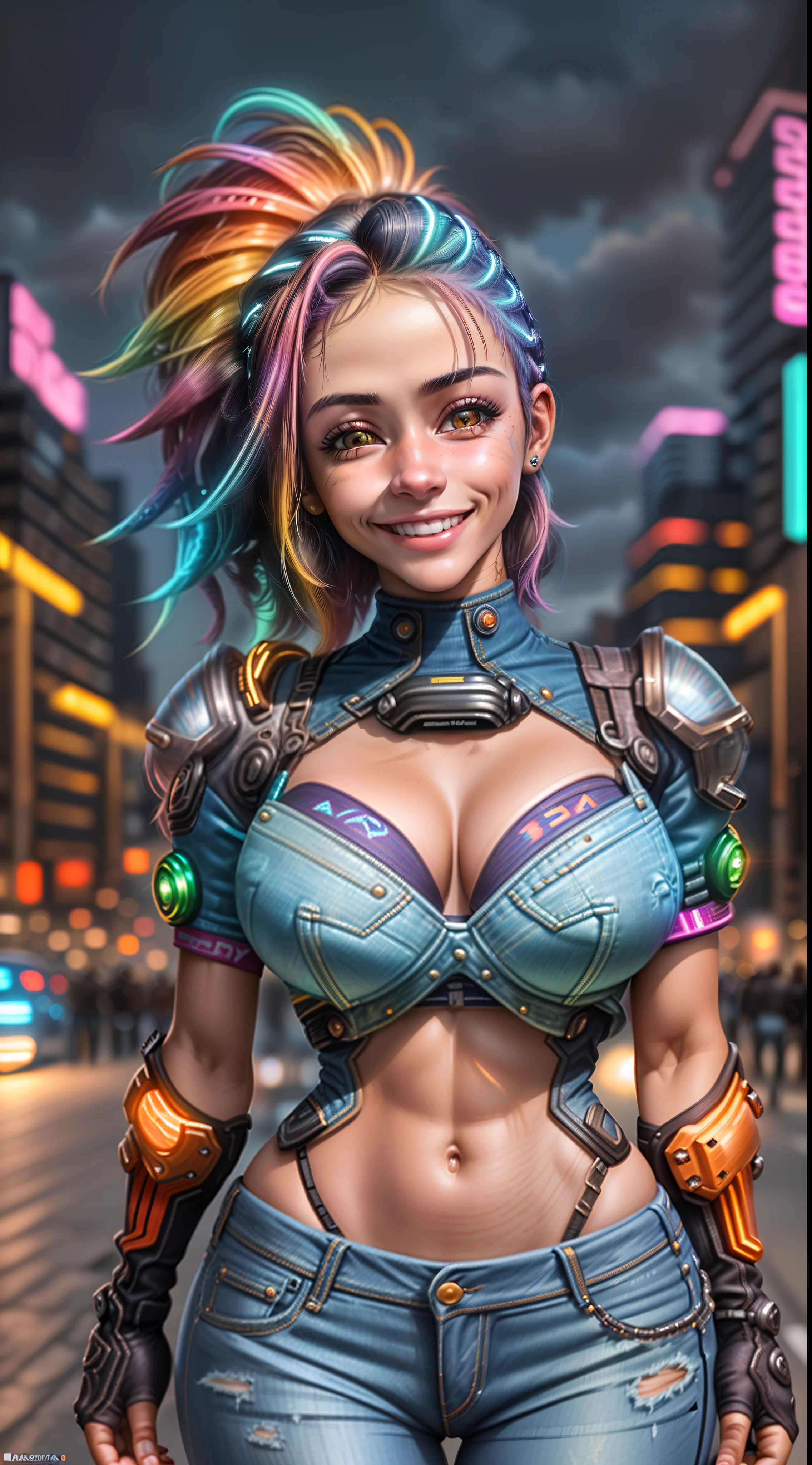 Retrato de perfil de 1 garota morena de 18 anos com cabelos longos colorido , usando jeans rasgados colados ao corpo ,(Capping breasts with your hands), , (em cima de uma moto), smiling for the camera Bottom-up angle photography,in a city at night without cyberpunk style