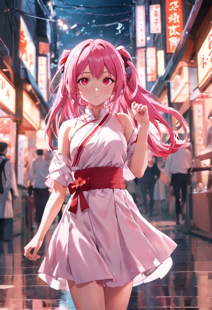 Arakfi girl with pink hair and red and white dress, Anime girl cosplay, Anime cosplay, Anime girl in real life, hyper realistic anime, Photorealistic anime, anime realism style, anime-inspired, realistic anime artstyle, Anime style. 8K, Pink girl, with pink hair, Anime style, Anime girl, Beautiful anime style, sakura haruno