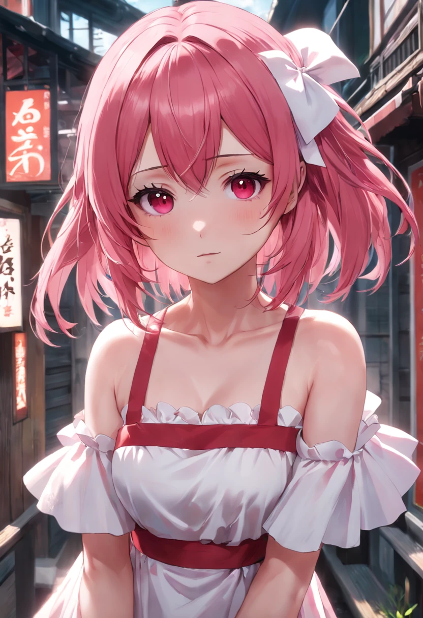 Arakfi girl with pink hair and red and white dress, Anime girl cosplay, Anime cosplay, Anime girl in real life, hyper realistic anime, Photorealistic anime, anime realism style, anime-inspired, realistic anime artstyle, Anime style. 8K, Pink girl, with pink hair, Anime style, Anime girl, Beautiful anime style, sakura haruno