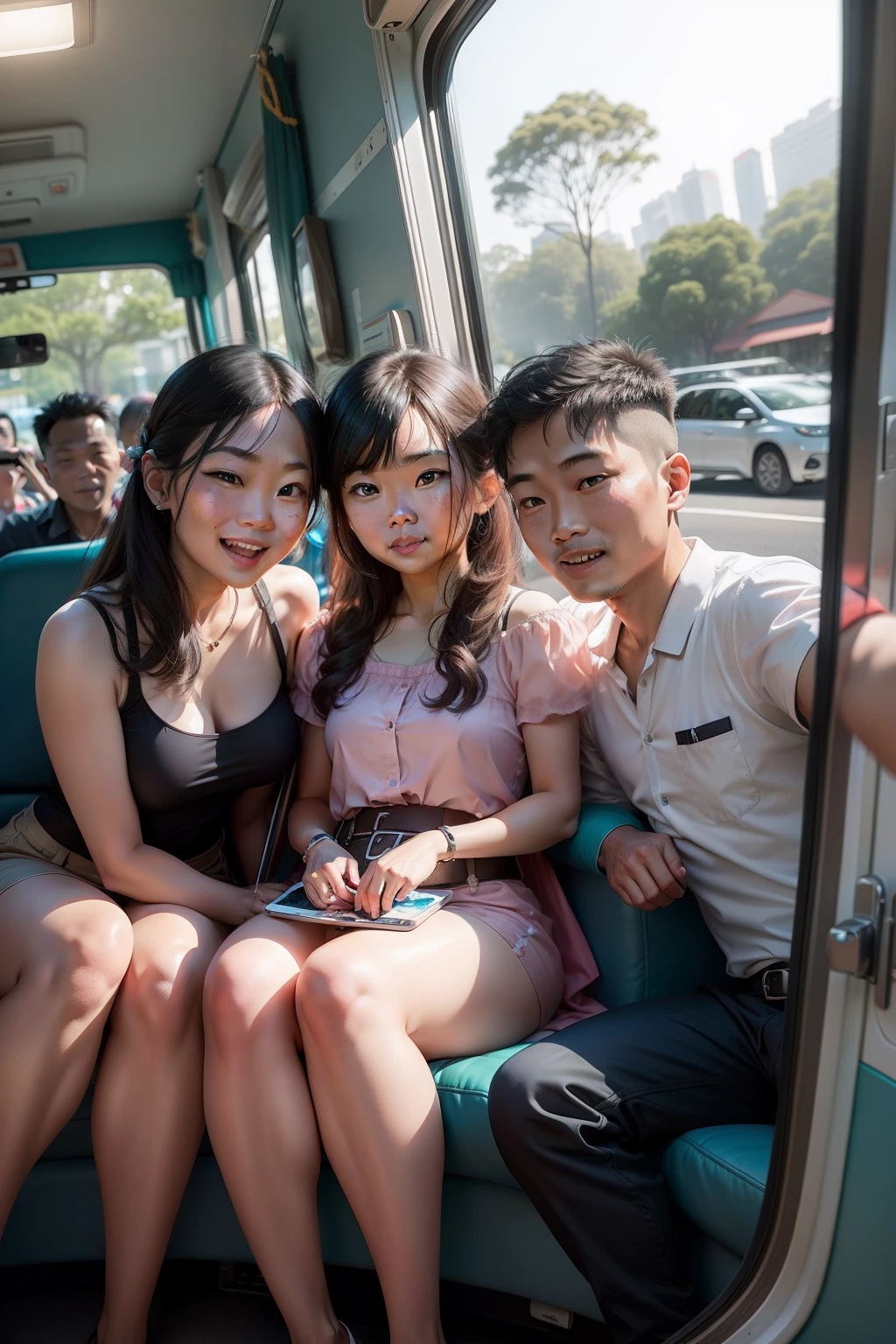 A family taking a selfie inside a Tribecar while on their way to an attraction. Use normal rental cars in singapore