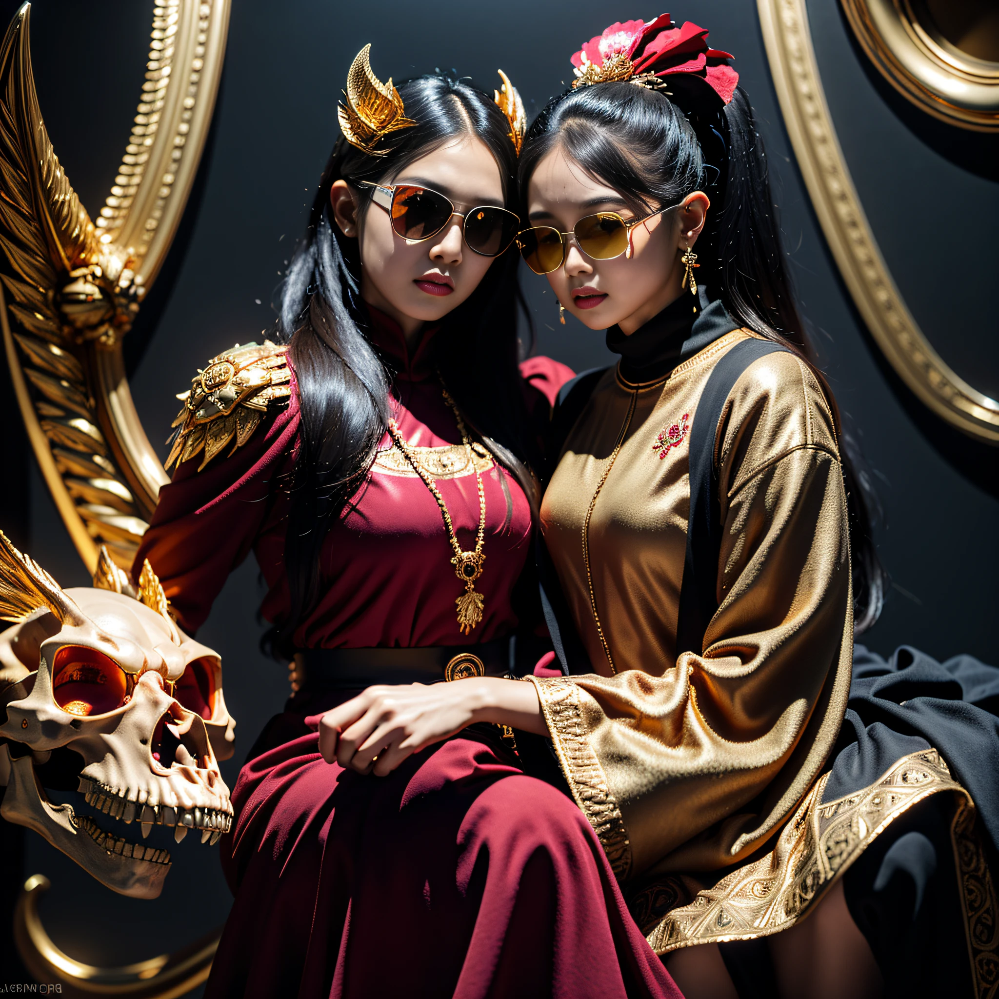 Carp pond,32K(tmasterpiece,k hd,hyper HD,32K)Burgundy double ponytail,flower stick,Indigo Skull King ,Hold the heavy wooden steering wheel (The skeleton is realistic:1.4),Crocodile pattern robe,Rusty skull ornaments,Sargin flax red and black cloak,Petals flutter,Deep gold sunglasses,Hold your head high,Be proud,The nostrils look at people,A and secondah resolution,Xueba, the detail, RAW photogr, Sharp Re, Nikon D850 Film Stock Photo by Jefferies Lee 4 Kodak Portra 400 Camera F1.6 shots, Rich colors, ultra-realistic vivid textures, Dramatic lighting, Unreal Engine Art Station Trend, cinestir 800,Hold your head high,Lateral face,Be proud,The nostrils look at people,Tsundere,Petals flutter,Petals flutter,Crocodiles sprinkled with gold dust,Fluttering,Impeccable,( reasonable design, Clear lines, High sharpness,Best quality, Very detailed skeleton, The skeleton of a masterpiece, offcial art, movie light effect, 8K crocodile skeleton(((Platinum marble sunglasses)))Deep gold sunglasses,side portrait