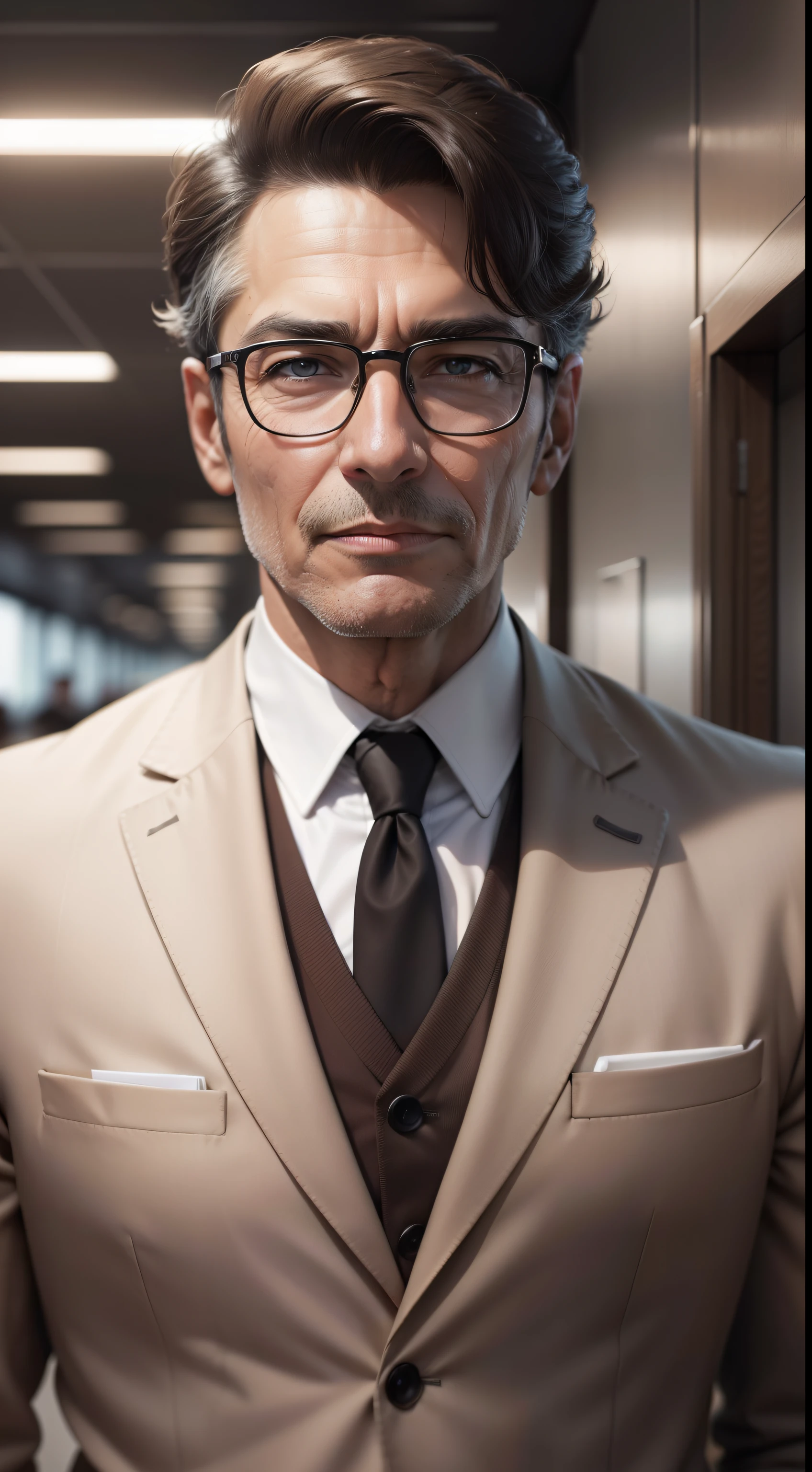 a young Business Man wearing modern brown suit ,  change background to office ,55 year old age,  8k quality,  ultra realistic, clear picture, real human face.