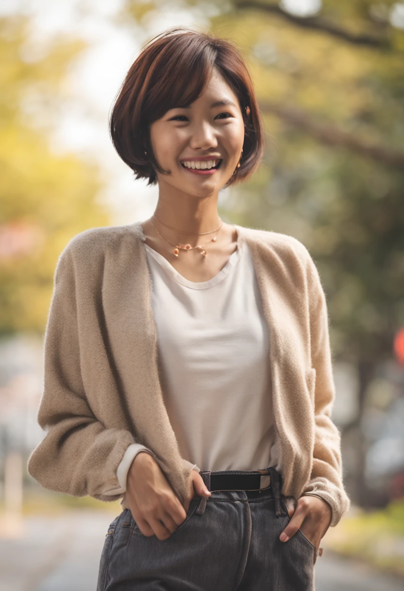 Sunny smiling asian girl with short hair