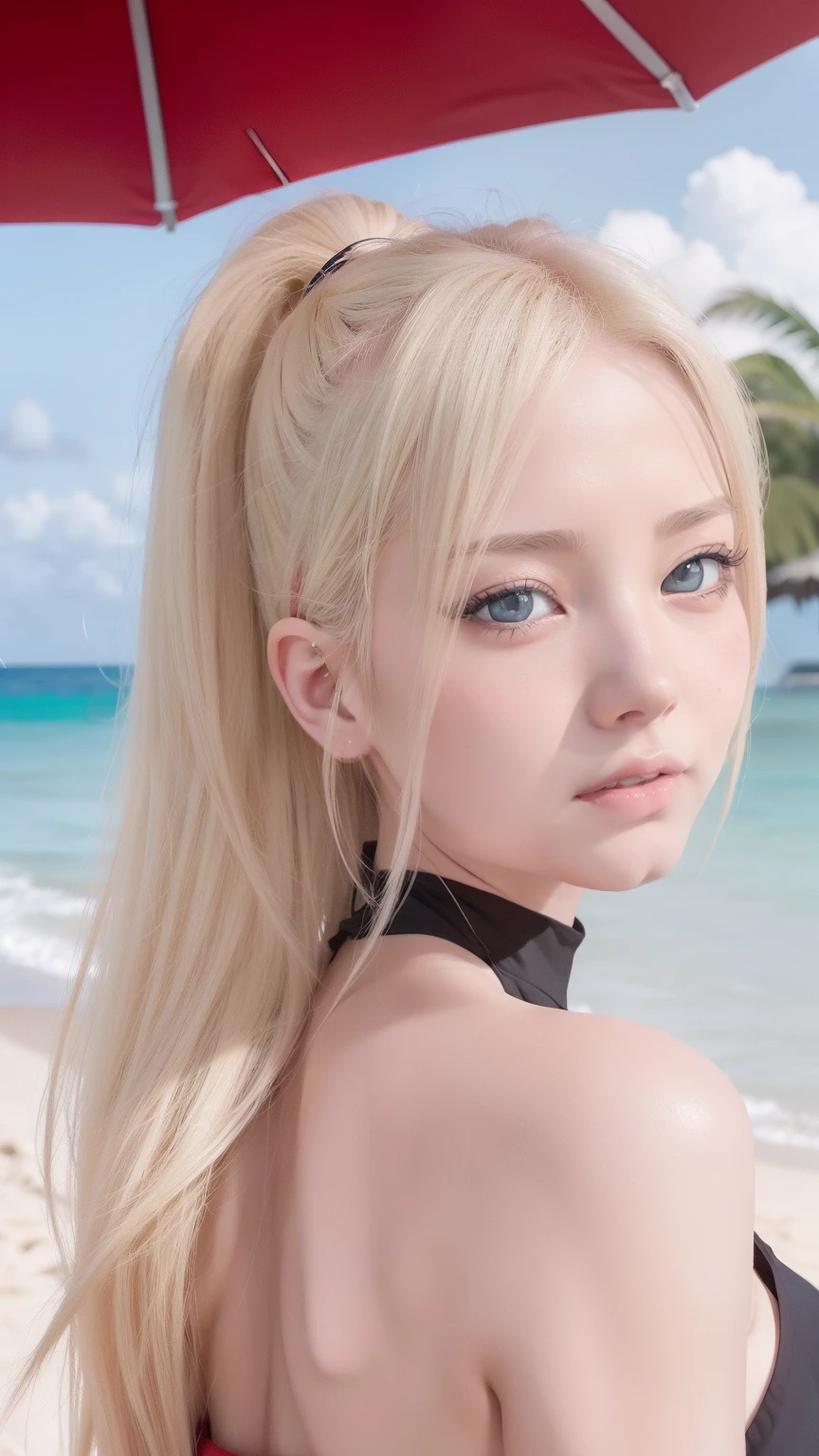 Yamanaka Ino anime seductive, 1girl ,Close-up shot,ssmile,Be red in the face,blond hairbl,Portrait photo,looks into camera,tmasterpiece,beachside,sandbeach,Greenery,detailed back ground,sfw