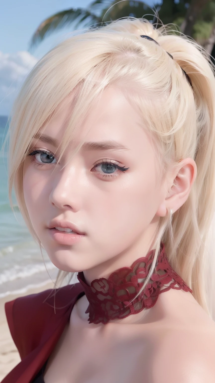 Yamanaka Ino anime seductive, 1girl ,Close-up shot,ssmile,Be red in the face,blond hairbl,Portrait photo,looks into camera,tmasterpiece,beachside,sandbeach,Greenery,detailed back ground,sfw