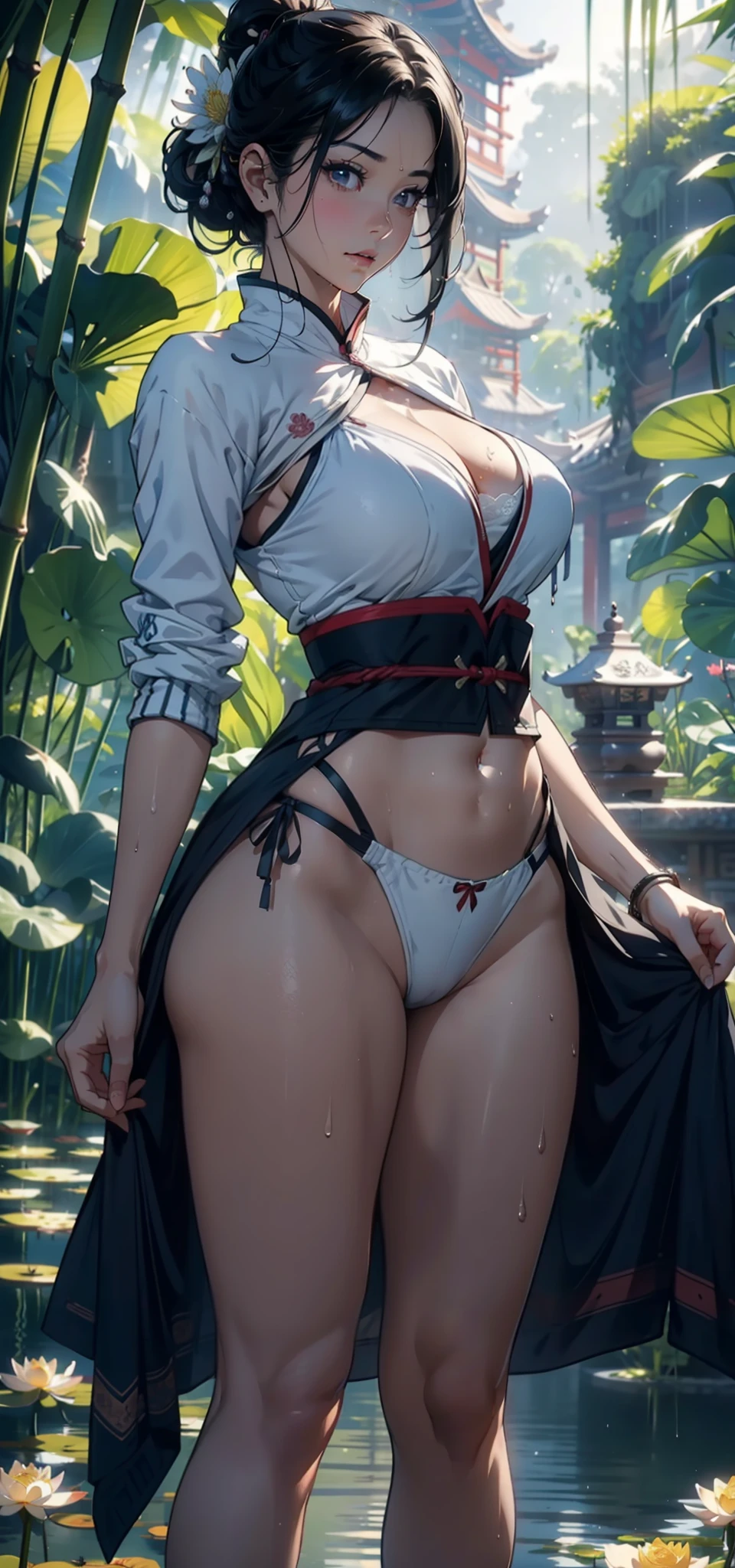 1female,35yo,熟妇,long leges,Big breasts Thin waist,Slim,huge-breasted ,Pornographic exposure, 独奏,(Background with:bamboo forrest,lotuses,lotus flower,exteriors,Lotus pond) She has short black hair,standing on your feet,Sweat profusely,drenched all over the body,seen from the front, hair straight, mostly cloudy sky,(((tmasterpiece),(Very detailed CG unity 8K wallpaper),best qualtiy,cinmatic lighting,detailed back ground,beatiful detailed eyes,Bright pupils,Black eyes,(Very fine and beautiful),(Beautiful and detailed eye description),ultra - detailed,tmasterpiece,)),facing at camera,A high resolution,ultra - detailed),revealing breasts,Bare genitalia, Bulge,legs are open,Raised sexy,Camel toes,Flushed complexion,Open-mouthed,frontage,,(Wearing:Ancient Chinese sportswear,athletic sneakers)