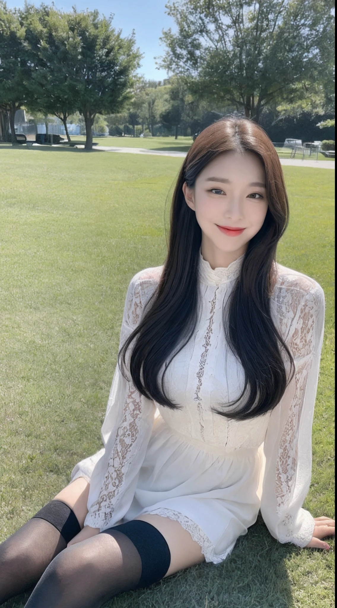 (1 Korean star with royal sister style), ((Best quality, 8K, 巨作: 1.3)), focal point: 1.2, Perfect body proportions: 1.4, (Make a smile), (Ray traching),Watery eyes, Highly Detailed Face and Skin Textur, Fine eyes, Double eyelids, Whitens the skin, (Black long straight: 1.3), (face round: 1.5), (jk: 1.4), (Lace view: 1.6),(Black over-the-knee stockings: 1.4),(JK style:1.4),(Extremely perfect legs)Playground lawn building half sitting