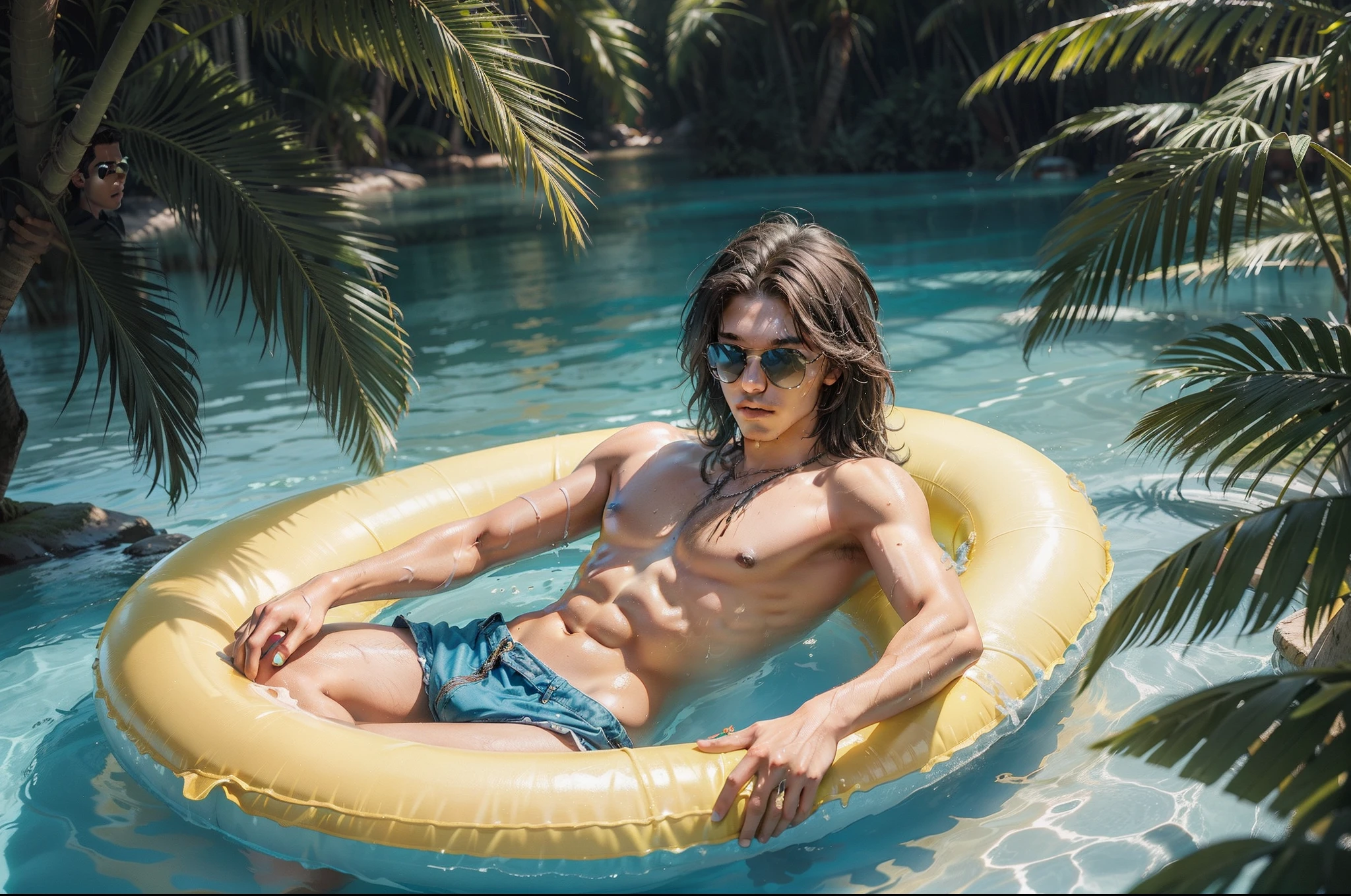 A handsome young man in bermudas, floating in an infinite pool full of water, resting on a big yellow inflatable ring, wet long dark hair, holding drink, sunglasses. Tropical forest as background. Summer day, sunny, water reflections. Great angular, deep depht of field, overhead shot.