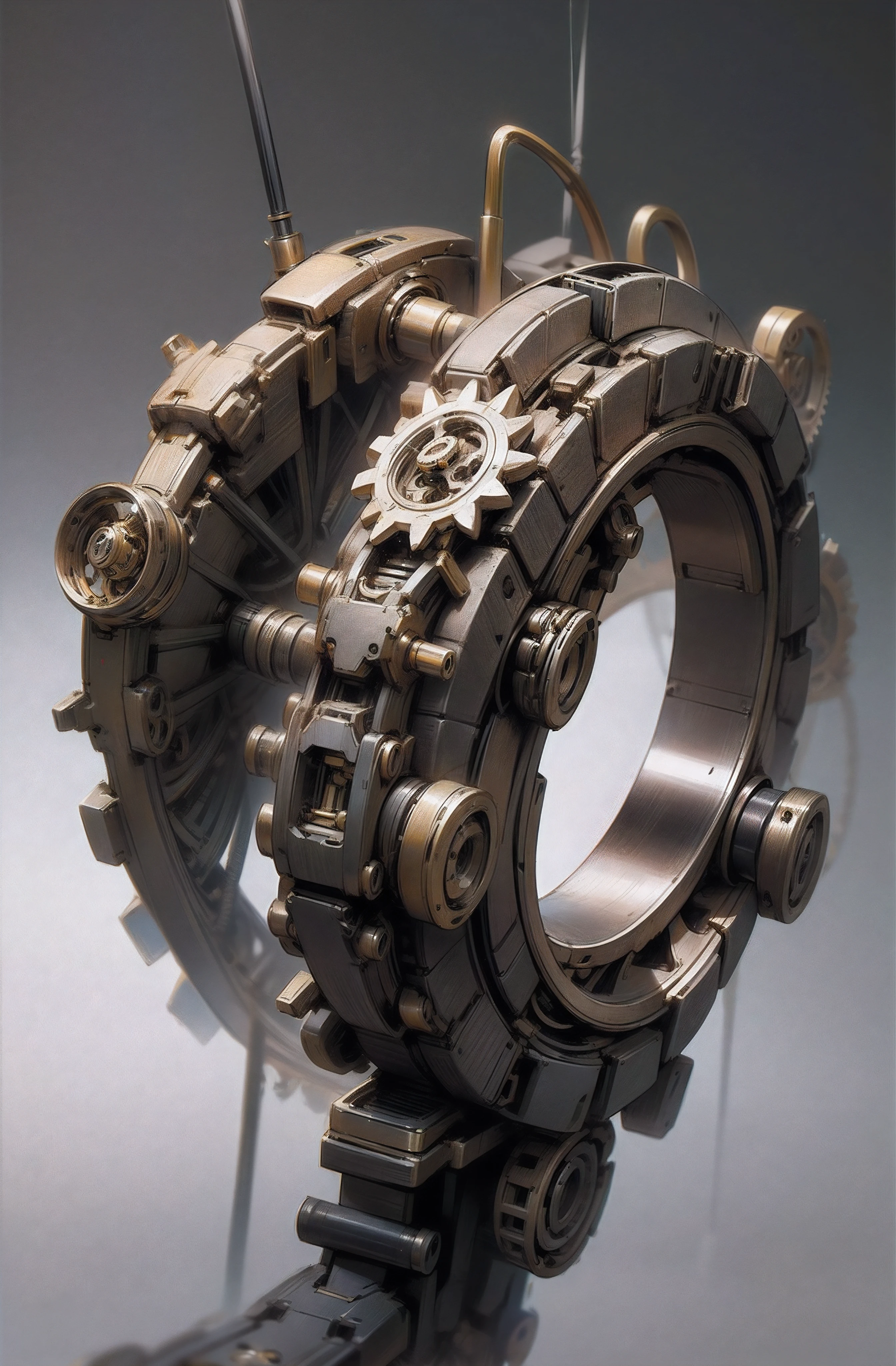 A metal object with gears and wheels is exhibited, Precision planetary gears, Bronze biomechanics, Intricate gear details, Complex gears and lenses, Giant interlocking gear gears, Houdini - hard surface, Mechanical gears, 3d rendered steampunk, Elegant biomechanical machinery, Biomechanical sculpture, rendered in houdini, gear wheel,The background is other mechanical gears