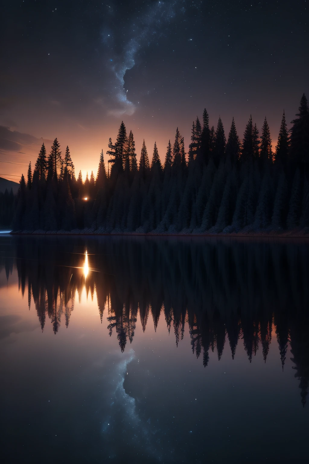 Trees reflected in the lake at night, night sky reflected in the water, reflections on the water, reflections on the water, reflection on water, Reflection on the river, water Reflections, water Reflections, author：Jan Rustham, Magical storm reflection, reflection in water, Reflection in the water, street lights water refraction, lumen reflection，Sci-fi colors，The slight lighting contrasts with the silence around it，The middle is covered by an aperture to form a circle of white light