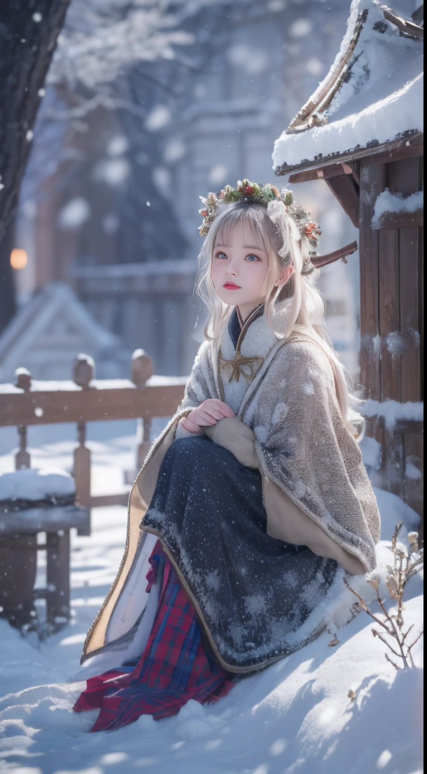 ((Works of masters)),(超高分辨率),1 girl, Sitting, Lolita costume,Cloak (Snow, Outdoor activities in winter:1.2),Outside the castle,8K,Detailed details,mirth,