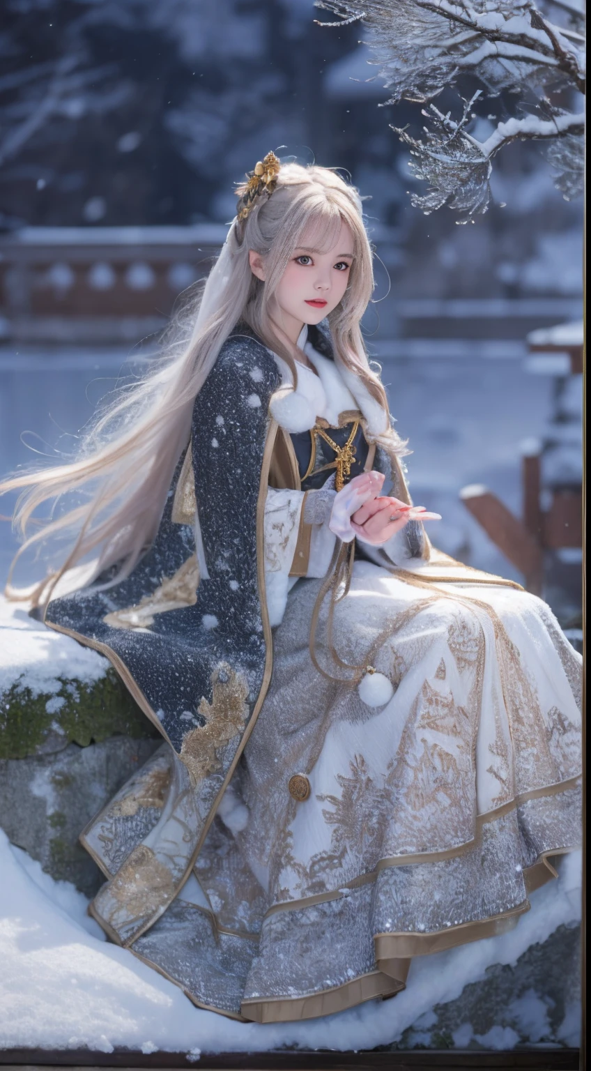 ((Works of masters)),(超高分辨率),1 girl, Sitting, Lolita costume,Cloak (Snow, Outdoor activities in winter:1.2),Outside the castle,8K,Detailed details,mirth,