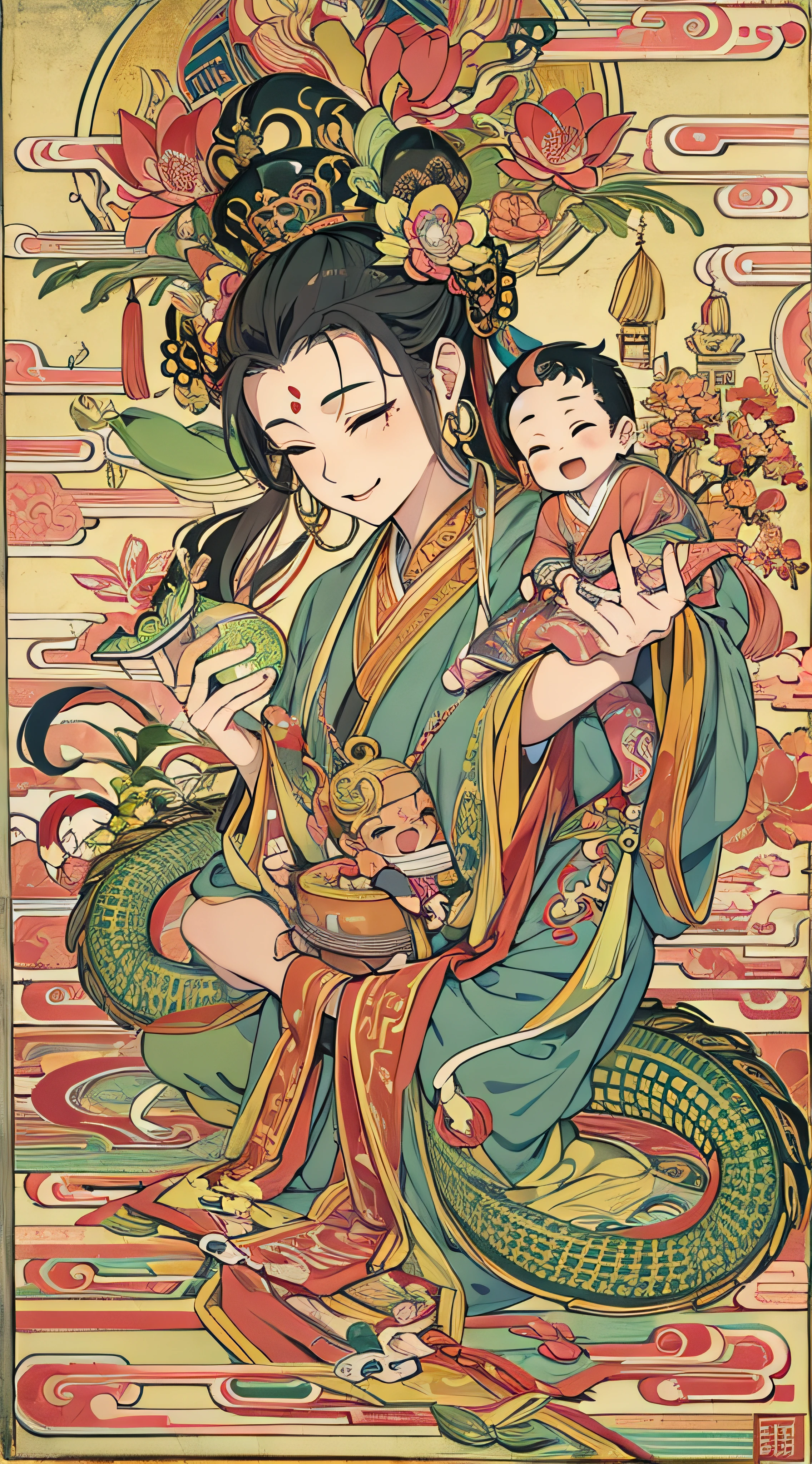 an ancient Chinese goddess, guanyin of the southern seas, Guanyin, Inspired by India, Avalokiteshvara rides a dragon,ssmile,Smile,Holding a baby boy,baby, Little boy,(Black color hair),Crown on head,Send Zi Guanyin,Serene expression,shui mo hua,Buddha,Buddhist,Lotus,Chinese painting style,Thangka style