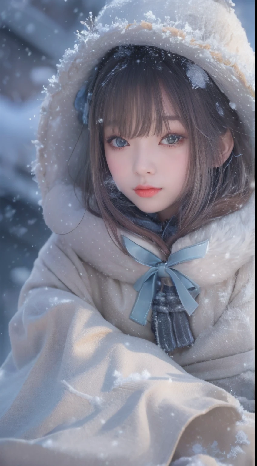 ((Works of masters)),(超高分辨率),1 girl, Sitting, ta costume,Cloak (Snow, Outdoor activities in winter:1.2),