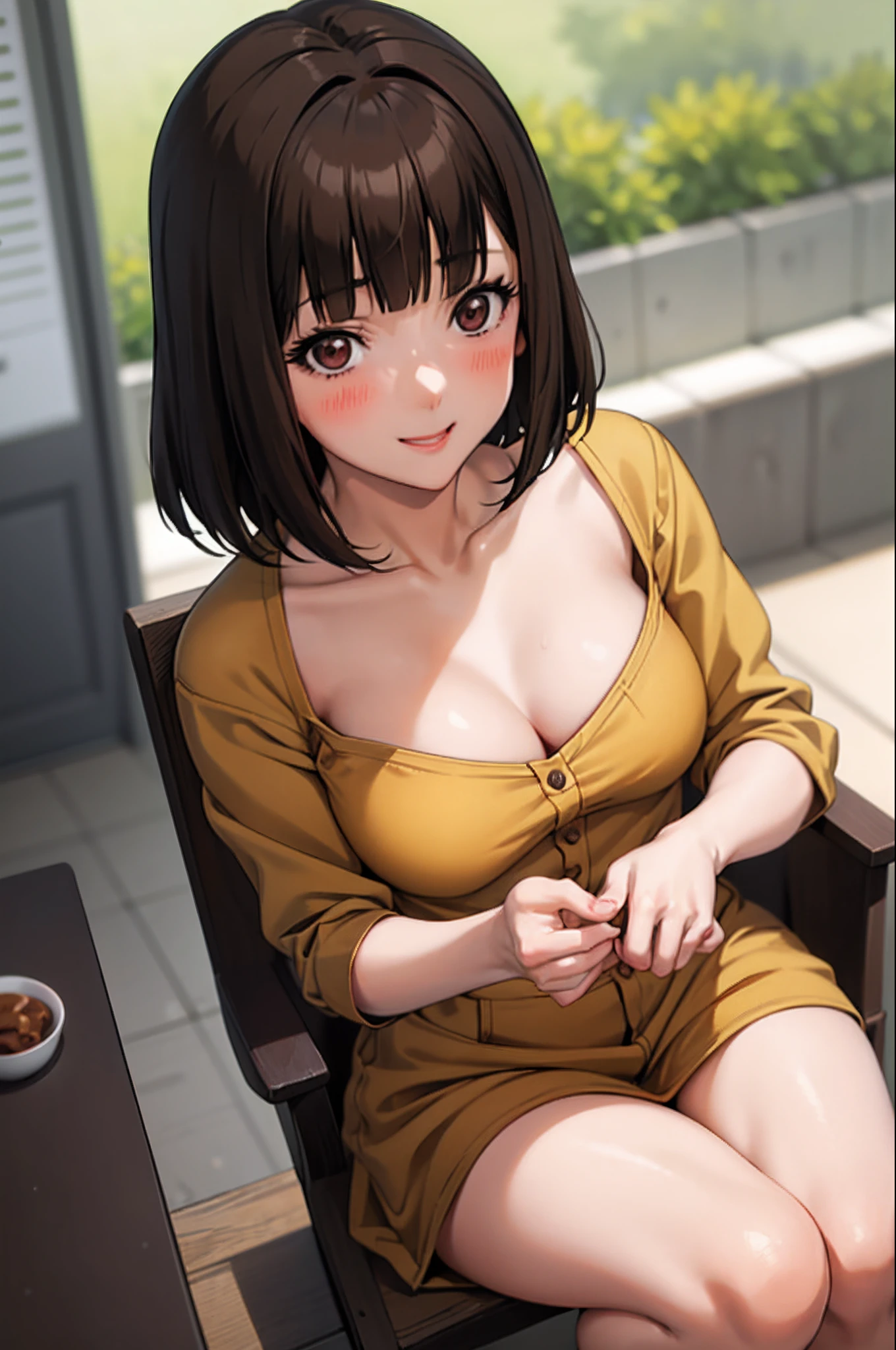 (anime:1.2), (best quality:1.1), (masterpiece:1.1), (absurdres:1.0), portrait, close-up,
1girl, kurihara chiyo, bob cut, brown hair, brown eyes, bangs, blunt bangs, medium breasts, blush, smile, happy, cute, endearing,