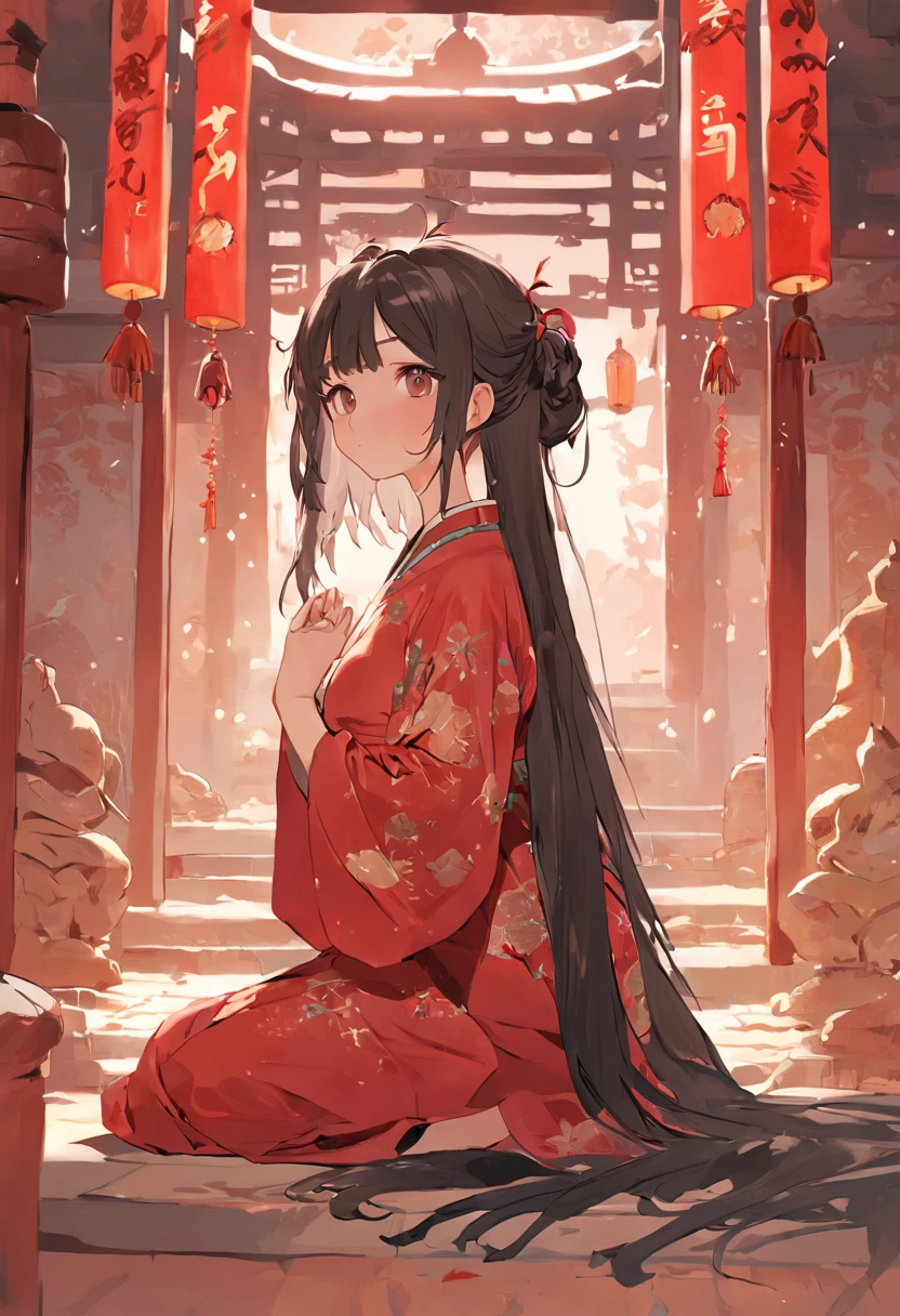 1girll，Sitting happily on the box and looking at the money on the ground，Wearing Chinese clothing，shift dresses，black color hair，Red dress，Hanfu，longer sleeves，long  skirt，long whitr hair，full bodyesbian，natta，hair-bun，hair adornments，jewely，耳Nipple Ring，airbubble，Faraway view，wide angles，atmospurate，noble，Wallpapers，art-deco，High detail texture，concept-art，romanticism lain，CLMP style，Ghibli-style colors，Miyazaki animation style，Animation style，up-close，macro photograph，Unified 16K，hyper-detailing，Precise，best qualtiy，hyper HD，tmasterpiece，