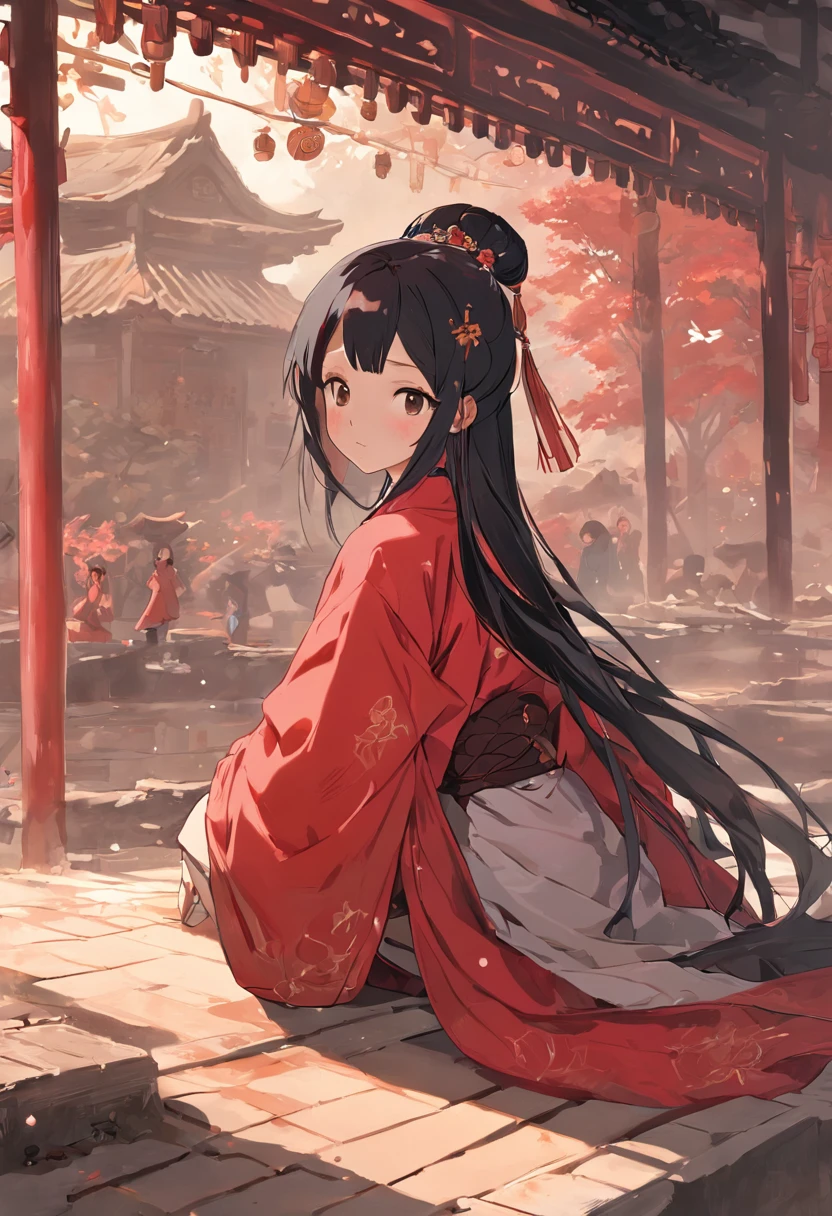 1girll，Sitting happily on the box and looking at the money on the ground，Wearing Chinese clothing，shift dresses，black color hair，Red dress，Hanfu，longer sleeves，long  skirt，long whitr hair，full bodyesbian，natta，hair-bun，hair adornments，jewely，耳Nipple Ring，airbubble，Faraway view，wide angles，atmospurate，noble，Wallpapers，art-deco，High detail texture，concept-art，romanticism lain，CLMP style，Ghibli-style colors，Miyazaki animation style，Animation style，up-close，macro photograph，Unified 16K，hyper-detailing，Precise，best qualtiy，hyper HD，tmasterpiece，
