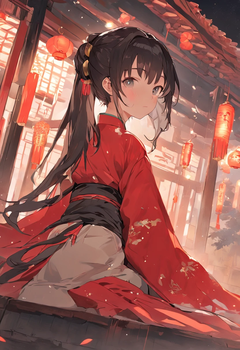 1girll，Sitting happily on the box and looking at the money on the ground，Wearing Chinese clothing，shift dresses，black color hair，Red dress，Hanfu，longer sleeves，long  skirt，long whitr hair，full bodyesbian，natta，hair-bun，hair adornments，jewely，耳Nipple Ring，airbubble，Faraway view，wide angles，atmospurate，noble，Wallpapers，art-deco，High detail texture，concept-art，romanticism lain，CLMP style，Ghibli-style colors，Miyazaki animation style，Animation style，up-close，macro photograph，Unified 16K，hyper-detailing，Precise，best qualtiy，hyper HD，tmasterpiece，