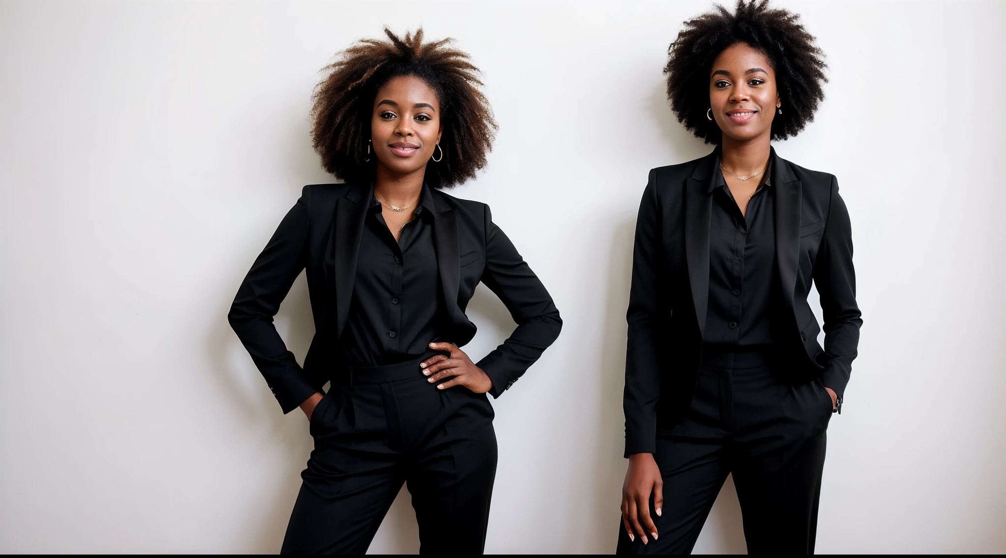 instagram photo, afro american woman in a black suit, black shirt and black pants posing suit for a picture on the white background
