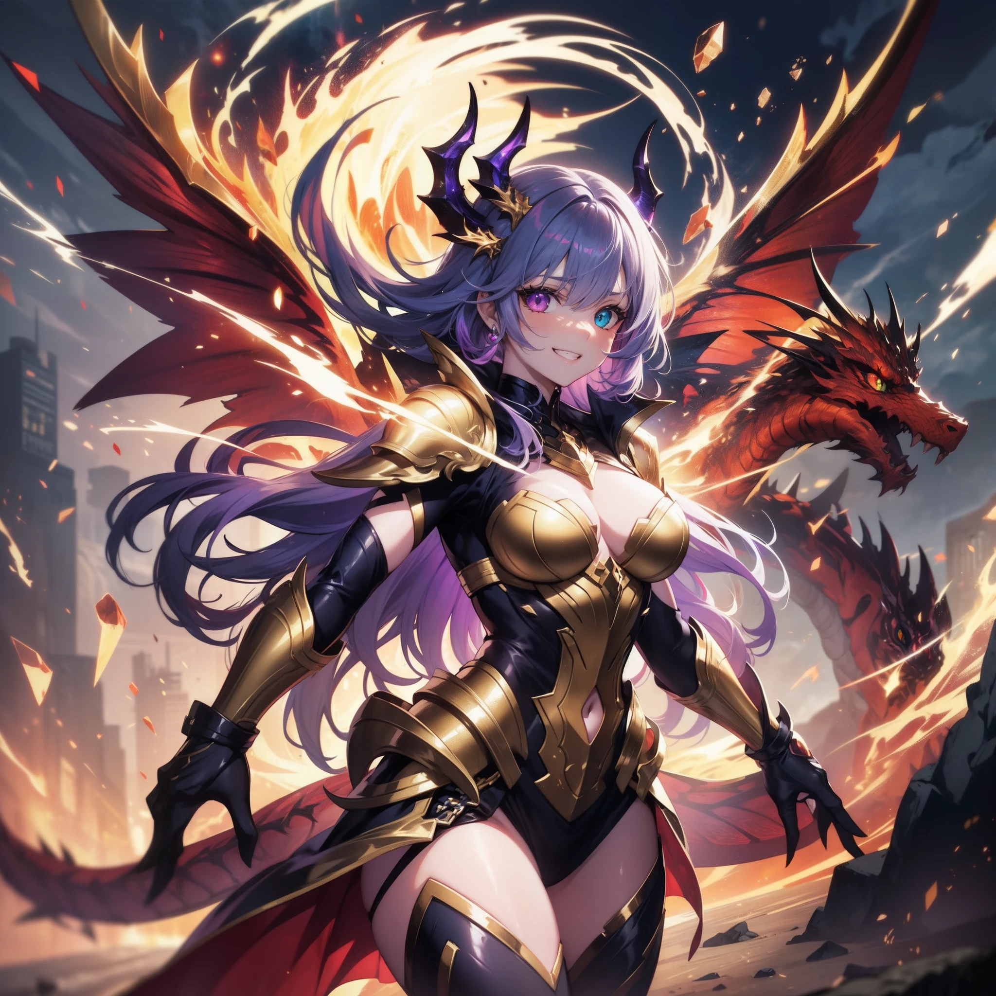 Female eyes have heterochromia,dark-gold armor, Female, Dark Red Dragon Horn, Five claws on golden dragon background, Fire effect, thunder efect, Purple hair, Gradient Eyes, grin, high detailing, Anime, Cinematic lighting, Glowing light, godrays, Reflected Light, Backlight, Projection Illustration, nffsw, masutepiece, ccurate, Textured skin, Super Detail, Best Quality, High resolution, Award-winning