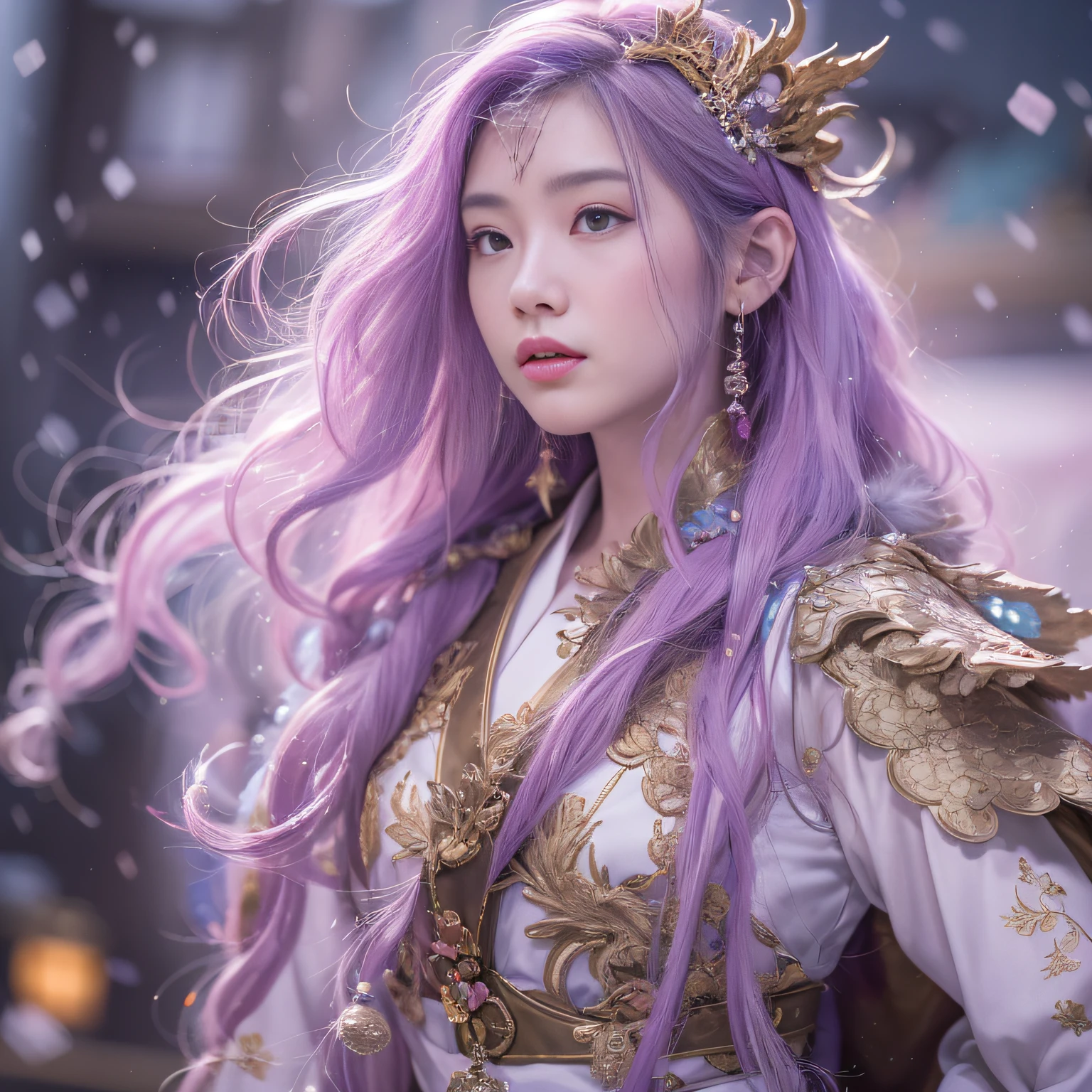 32K（tmasterpiece，k hd，hyper HD，32K）Long flowing purple-pink hair，Xuzhou female student ，Bronze Dragon Protector （realisticlying：1.4），Python pattern battle robe，Purple-pink tiara，Snowflakes fluttering，The background is pure，Hold your head high，Be proud，The nostrils look at people， A high resolution， the detail， RAW photogr， Sharp Re， Nikon D850 Film Stock Photo by Jefferies Lee 4 Kodak Portra 400 Camera F1.6 shots, Rich colors, ultra-realistic vivid textures, Dramatic lighting, Unreal Engine Art Station Trend, cinestir 800，Hold your head high，Be proud，The nostrils look at people，32K（tmasterpiece，k hd，hyper HD，32K）Long flowing purple-pink hair，Backroom pond，zydink， a color， Asian people （A unicorn）， （Blue and white silk scarf）， Combat posture， looking at viewert， long whitr hair， Floating hair， Costumes， Chinese clothes， longer sleeves， （Abstract watercolor splash：1.2）， white backgrounid，Kirin Beast Protector （realisticlying：1.4）The nostrils look at people， A high resolution， the detail， RAW photogr， Sharp Re，