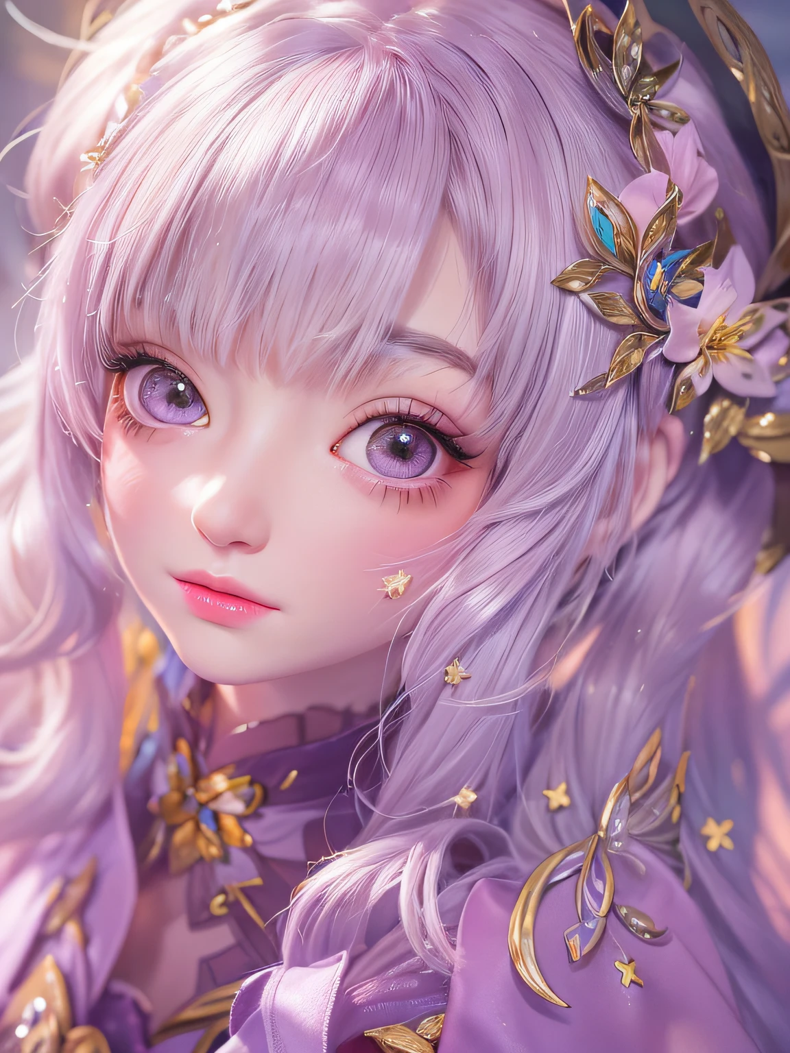 1 20 year old girl, Close up， deusa Atena, Take a fan，Pink purple silk dress, The beautiful goddess Athena had no blemishes on her face, Delicate yellow dressing gown, Beautiful sequin long nightdress，Paired with lots of sexy black lace details, The legend of the female saint, Female saint idol, Beautiful goddess style glitter, Dark and mysterious version, Zhu lips, Plump red lips, Without smiling, Mouth closed, Images with fine detail are beautiful, Delicate and beautiful lip details, (Pure and flawless face: 1.9), Female saint body, Moderate breasts, Changping bangs, Tattoo of piebald on the forehead, Beautiful clear face and well-proportioned eyes, (Light purple eyes: 1.8), (Big round eyes and makeup, Sexy wet eye makeup, Very beautiful and delicate hair makeup, Delicate long blonde hair, Delicate, Body image: 1.8), figure: vivid vibrant, (The stars that make up the sky: 1.7), (The sky of heaven and the door of imaginary time and space: 1.8), Fictional art, RAW photos, hanfu photos, best photos, high resolution, Best quality, best photos, Best goddess quality, 8K women, Super 8 Single Saint Portrait, truest color scheme, Masterpieces, Best Beauty Brand, The best hair accessory, Live-action photos of the brand, Dark Studio, Border light, Two-tone lighting, (Rose white skin: 1.4), (High skin detail: 1.1), 8K, Ultra HD, Soft light, 8K, High quality, candid, The volume is smooth and sharp, 10x pixel increase, Sexy goddess, (background space: 1.8), (The most beautiful aurora eye: 1.7), Beautiful eyes, The aurora is beautiful and in full bloom, (Beautiful single girl: 1.8), (More details:0.8),
