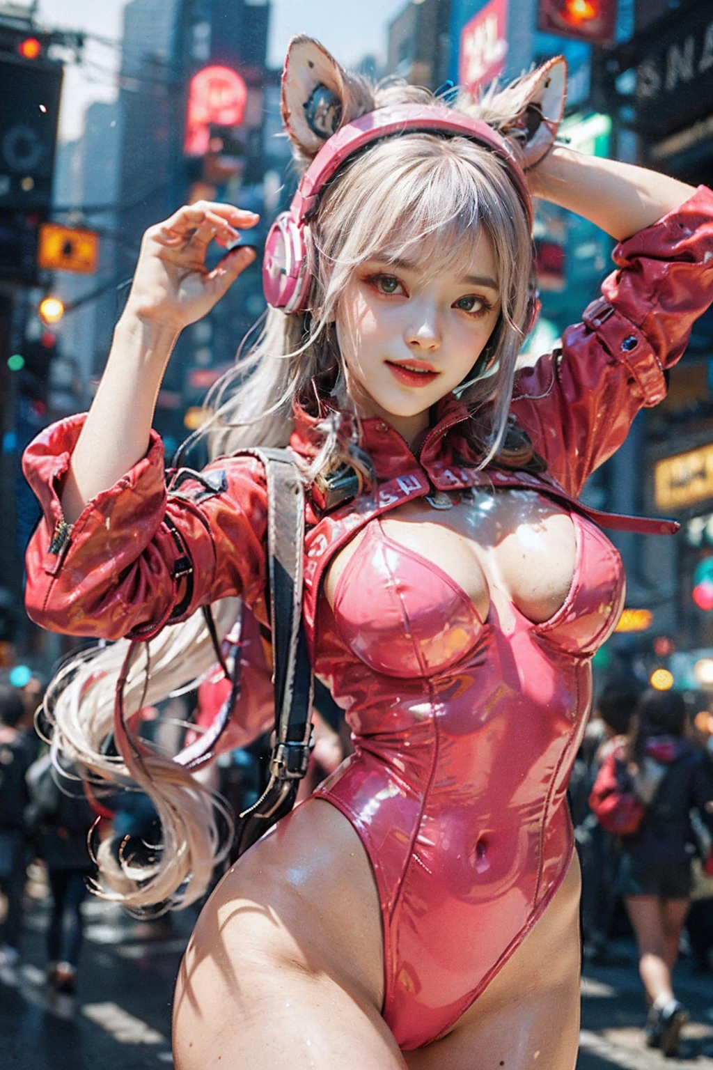 (RAW photo, Best quality, Masterpiece:1.2), (Realistic, photo-realistic:1.4),(Masterpiece:1.4),(Best quality:1.4),1girll, Solo, :D, Cat ear headphones, Arms up, bangs, Blush, tightsuit, Breasts, rabbit pose, Clothes writing, Cowboy shot, Cropped jacket, mitts, (((Cyberpunk city street background))), hair intakes, Earphone, Tech tights, Impossible clothes, Tech jacket, Large breasts, latex, latex bodysuit, Long hair, Long sleeves, view the viewer, Large breasts, Multicolored gloves, Open mouth, pink leotard, Pink eyes, Red jacket, Shiny clothes, shrugged shoulders \(Clothing\), side locks, skin tight, Smile, thigh gap, Thighs, double tails, Very long hair, White gloves, White hair,Alice \(Nikke\),(Shiny skin),Realistic.
