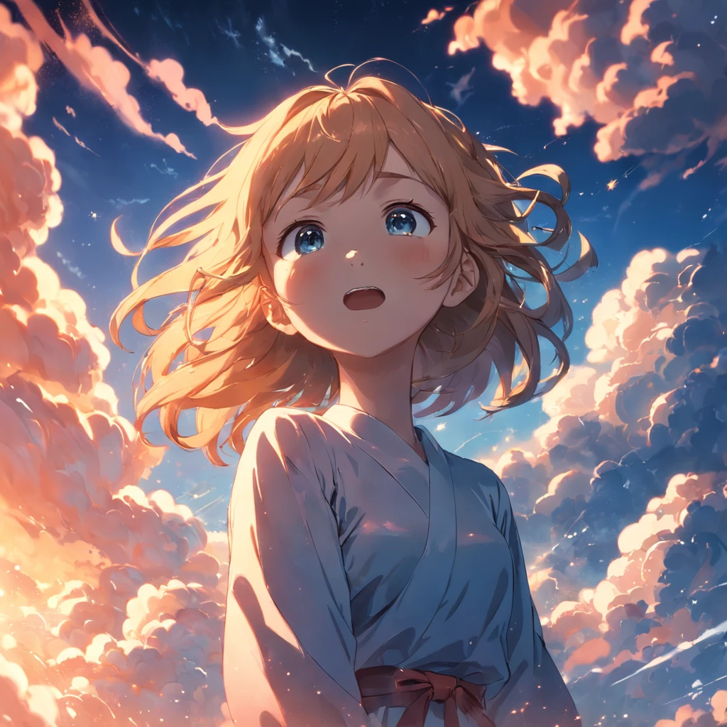 masterpiece, best quality, movie still, 1girl, cloud girl, floating in the sky, close-up, bright, happy, warm soft lighting, sunset, (sparks:0.7)