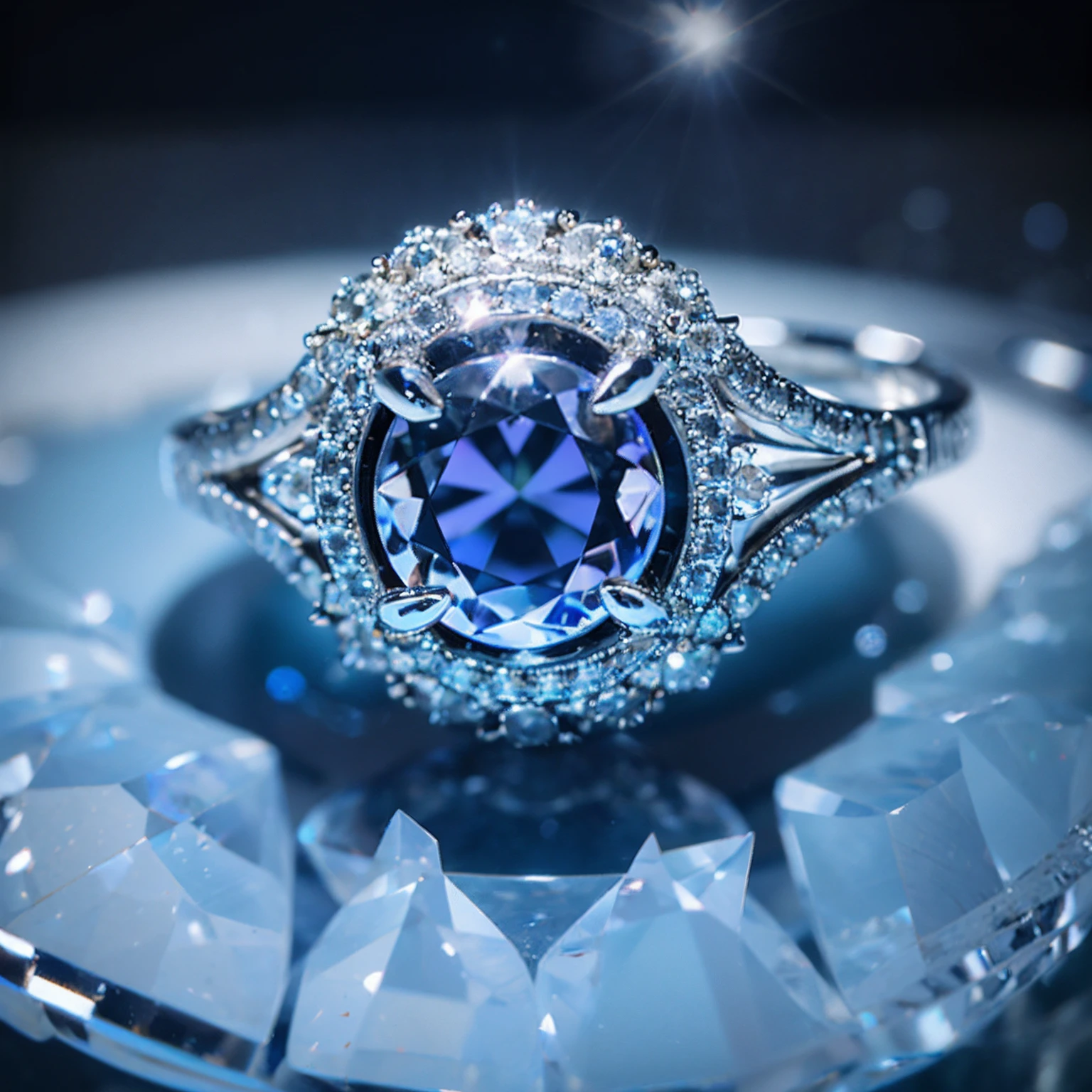 An exquisitely encrusted ring with a transparent diamond on ((Ice)) Lake, eflection light, drop shadow, macro photo, super detail, high quality, award winning, masterpiece, exquisite detail, top-notch quality, award-winning masterpiece, hyper realism, intricate background
