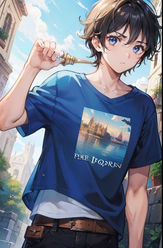 Percy Jackson, , messy short hair, tanned mediterranean skin, climbing