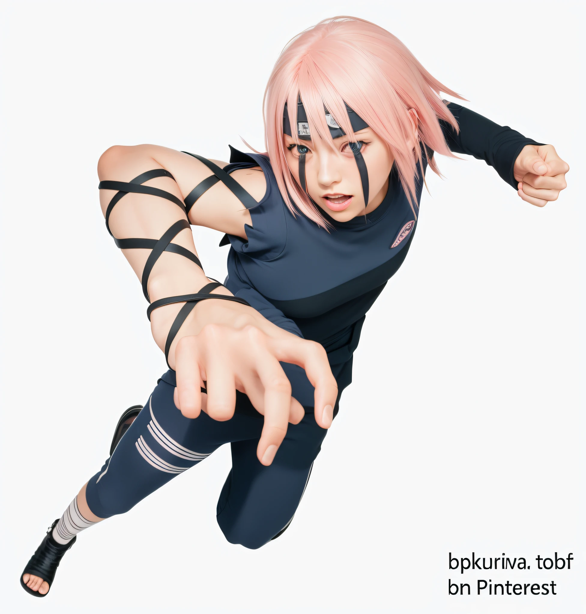 Sakura Haruno from the anime Naruto, lifelike portrayal with realistic human features. wearing navy clothes