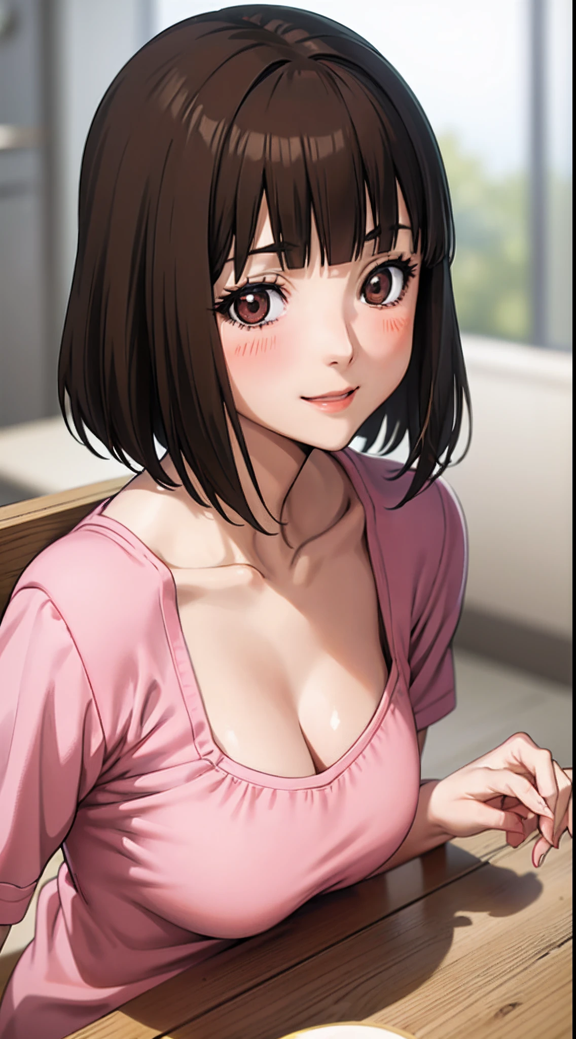 (anime:1.2), (best quality:1.1), (masterpiece:1.1), (absurdres:1.0), portrait, close-up,
1girl, kurihara chiyo, bob cut, brown hair, brown eyes, bangs, blunt bangs, medium breasts, blush, smile, happy, cute, endearing,