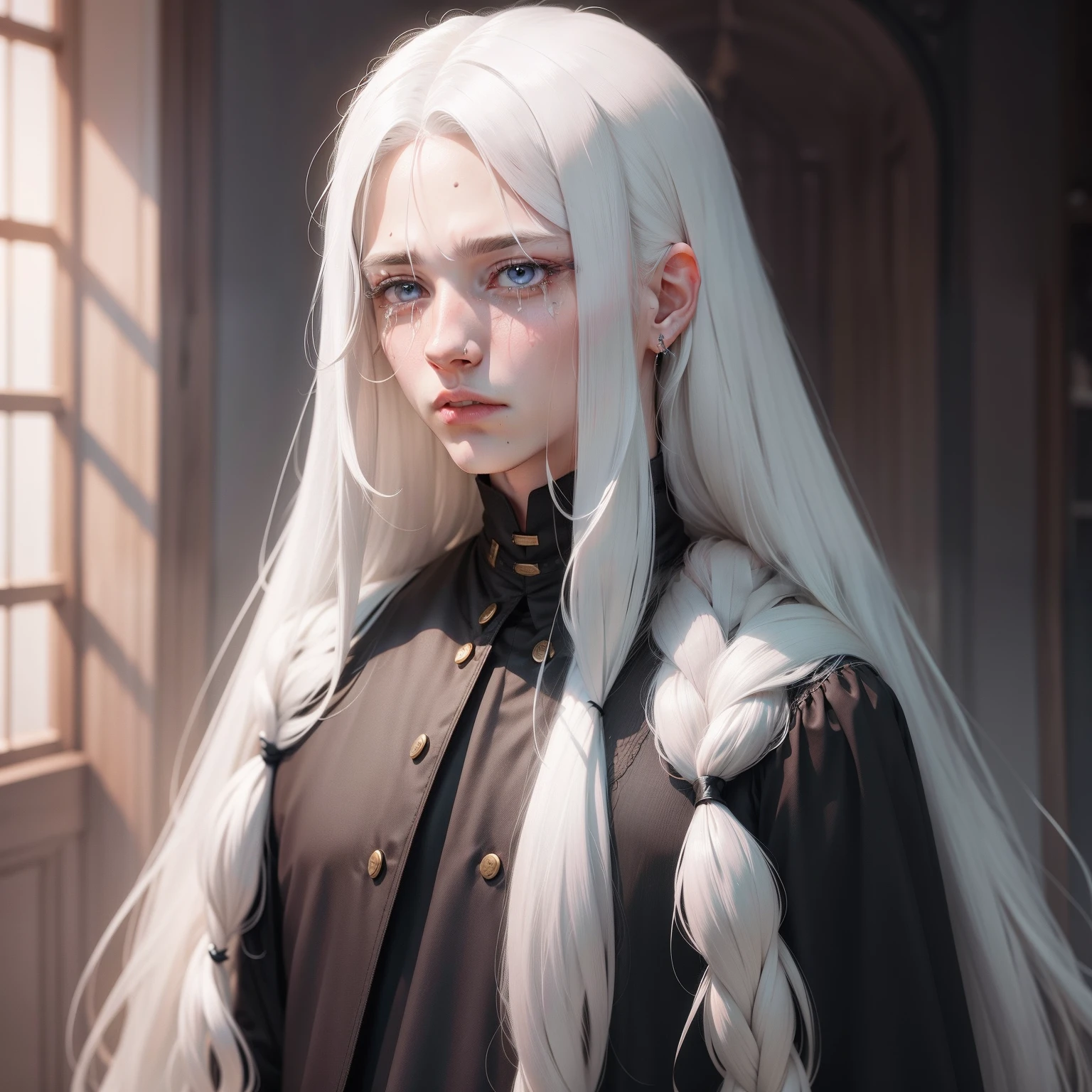 Long straight white hair covered with tears mole man