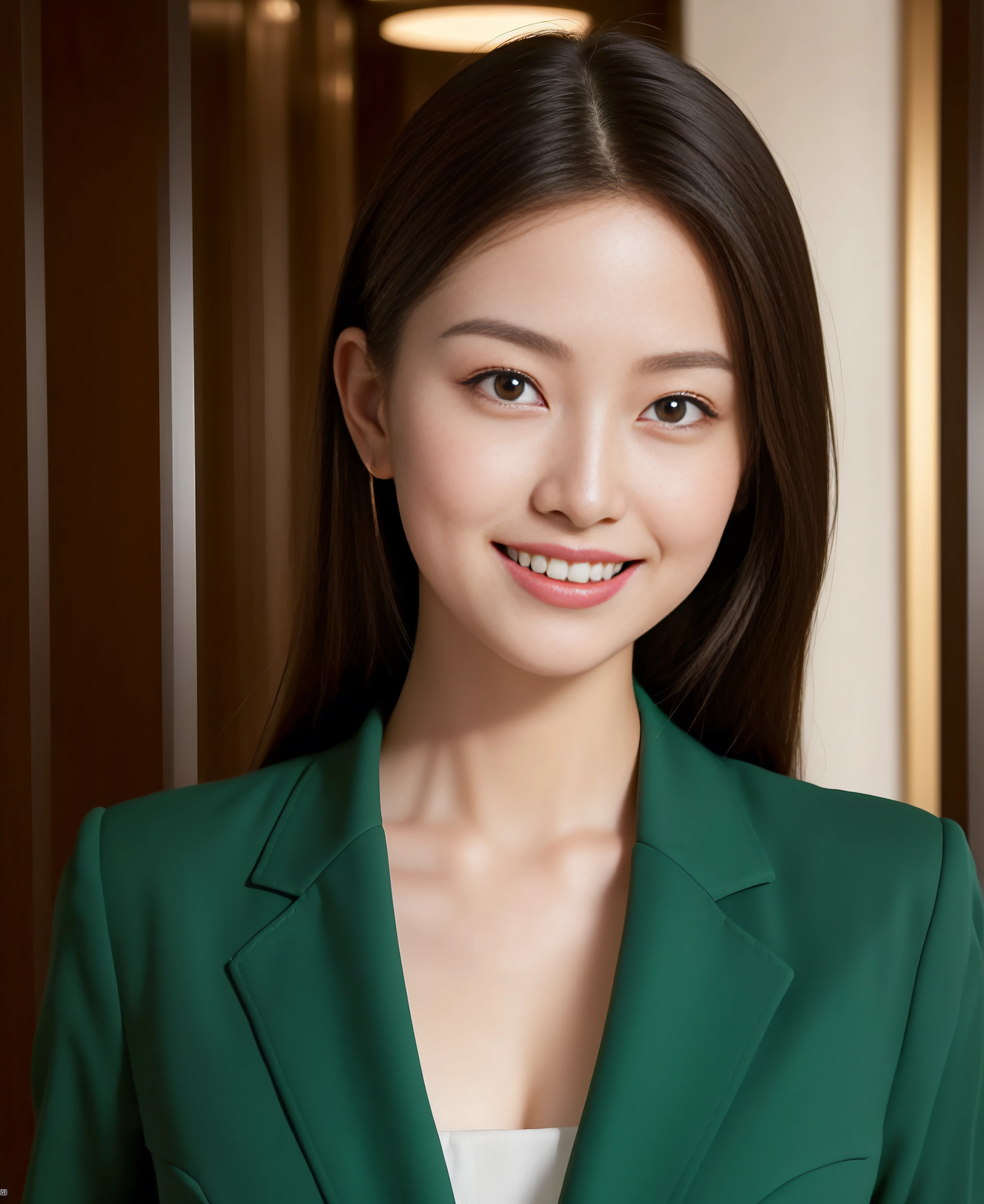 ((best quality, 8K, masterpiece: 1.3)), beautiful girl, pure, melon face, kind and cute, sweet smile, pure desire, slender body, (front), (tilted head), ((looking at camera) ) , wearing a green suit, smooth black medium hair, flowing long shoulders, round black big eyes, clear big eyes, moist red lips, sweet, turn around, standing in the lobby, hotel background, ((((whole body)))),