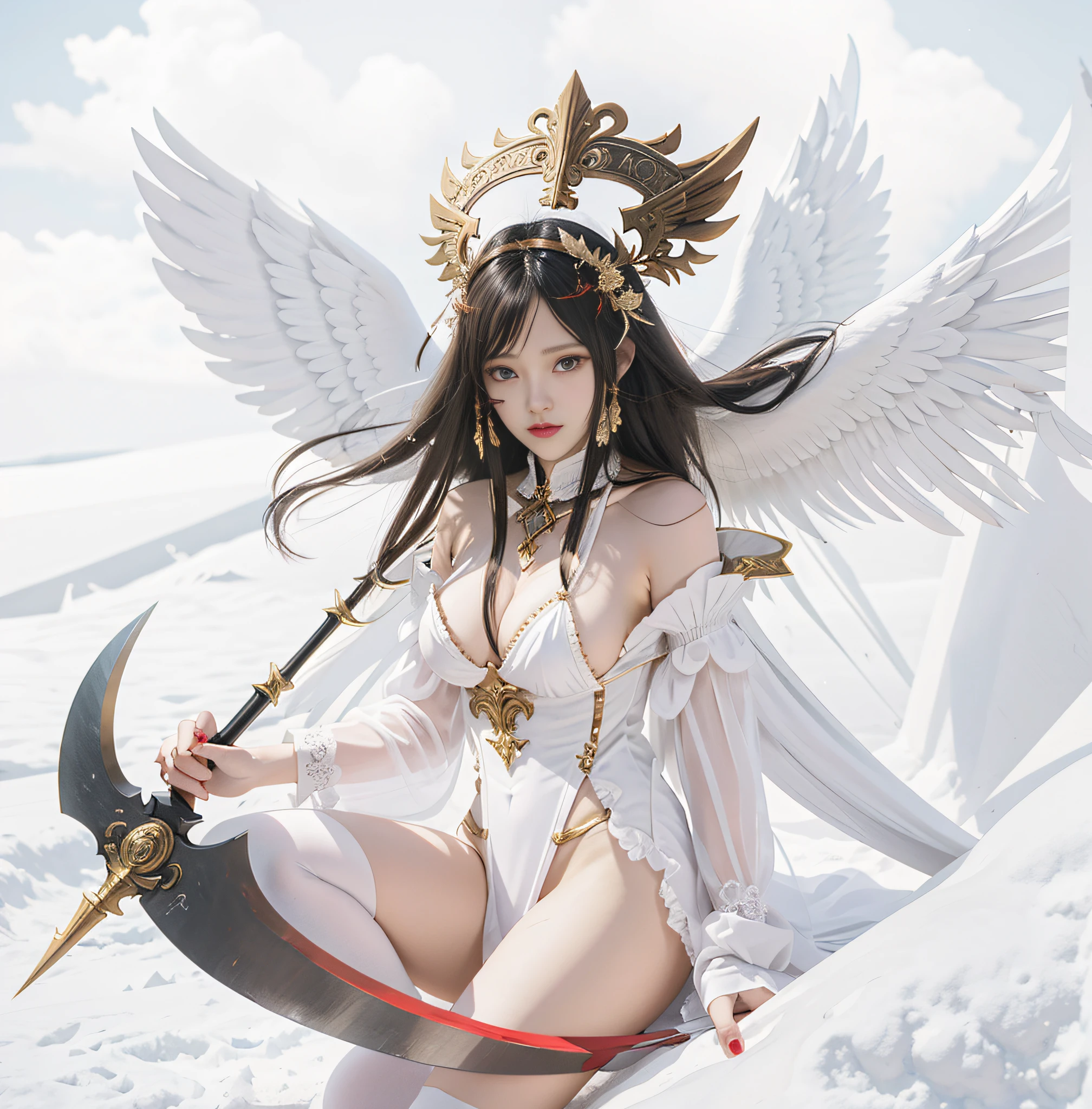 Live action,Cosplay Games,White and gold leotard,Red Eyes,Image in the style of a woman dressed in white with wings and a red sickle,Long Black Hair,angel knight girl, albedo from overlord, full - body majestic angel, LE SSERAFIM, hestia, tall female angel,goddes,Red angel ring on the head,Left hand in mouth,Holding a large fiery sickle in his right hand,ultra-definition,Six Wings,White tights,Live action,Mordorette,, goddes, Anime girl cosplay, angel knight girl, Cosp in anime, Beautiful Angel Girl, full - body majestic angel, Super Wide Angel,, professional cosplay, Angel Knight Gothic Girl, of beautiful angel,Ruins of the temple,Red and black angel ring overhead,Accessorizing on the thigh,Gold hair ornament,