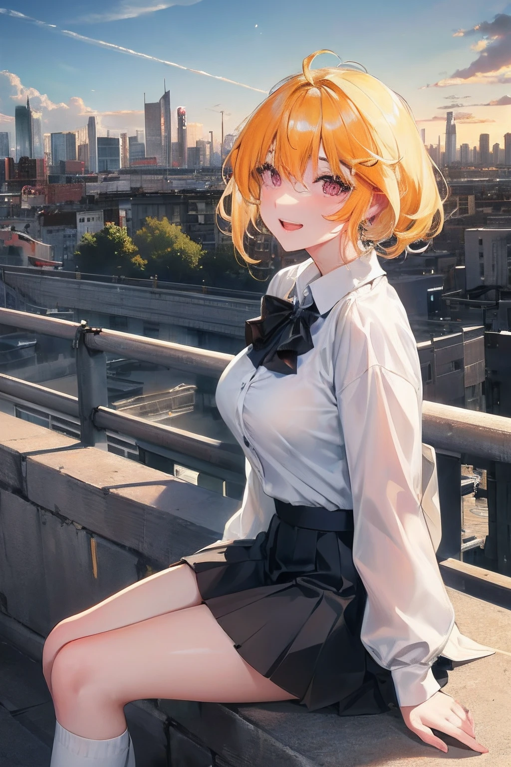 Official fine art，tmasterpiece，Sharp focus，（Beautiful and cute two-dimensional girl：1.3），（Beautiful and cute two-dimensional person：1.3），Two-dimensional beauty，Delicate and beautiful hair and eyes and face，realisticlying，ultra - detailed，a beauty girl，Blue skies，Glow orange particles,(sidelighting:1.2),rays of sunshine,baiyun,Detailed clouds,Slender,Cute big breasts and big buttocks,Laugh toothylessly,((Laugh and open your eyes)),scenecy,Yellow bangs, sexy facial expression, buliding, (cityscape:1.7), Gentle hair, short detailed hair, Delicate yellow hair, Glowing purple eyes, (Black and white pleated shirt+orangeskirt), long white socks, paleskin, hair adornments, Idyllic landscape,