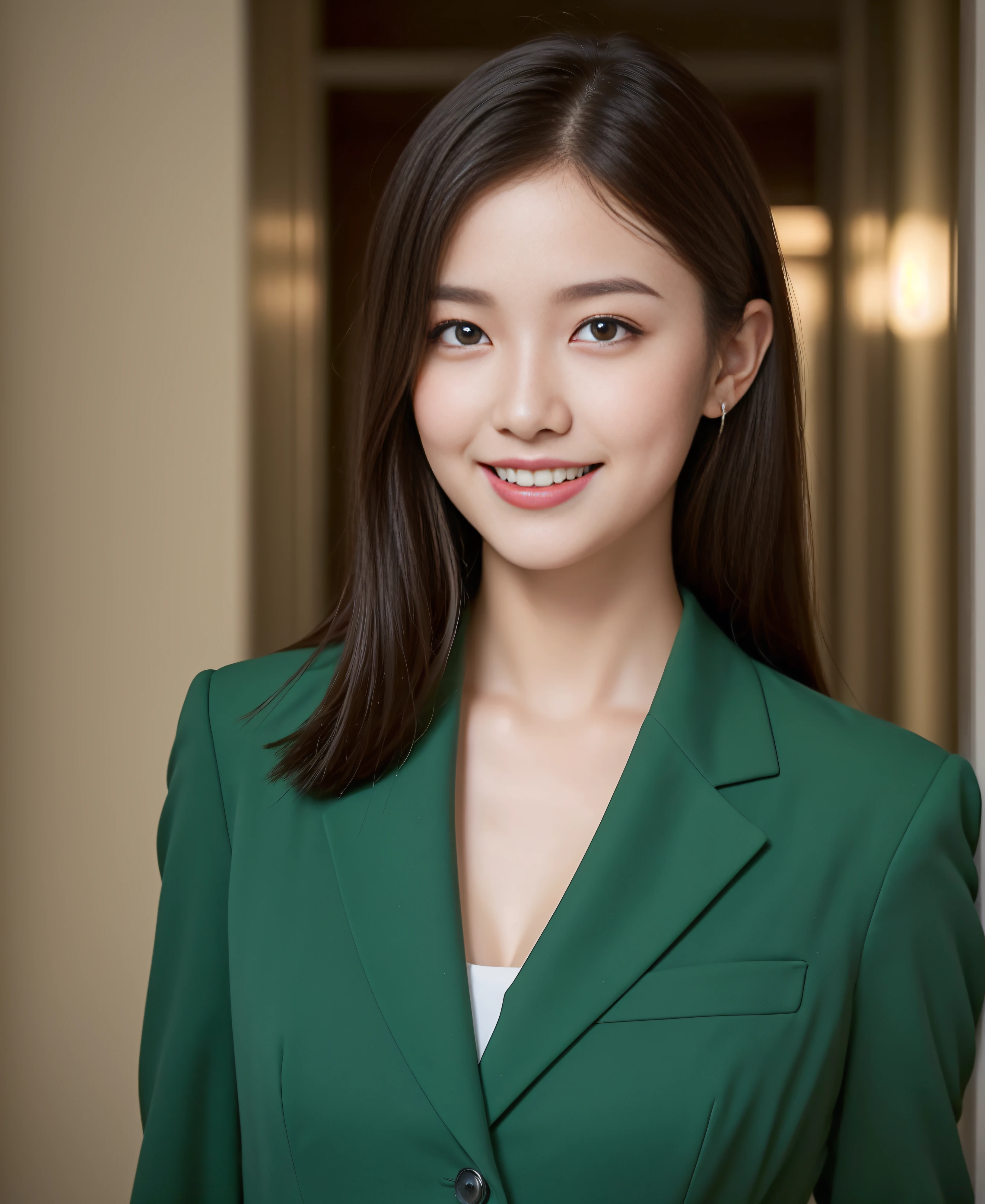 ((best quality, 8K, masterpiece: 1.3)), beautiful girl, pure, melon face, kind and cute, sweet smile, pure desire, slender body, (front), (tilted head), ((looking at camera) ) , wearing a green suit, smooth black medium hair, flowing long shoulders, round black big eyes, clear big eyes, moist red lips, sweet, turn around, standing in the lobby, hotel background, ((((whole body)))),