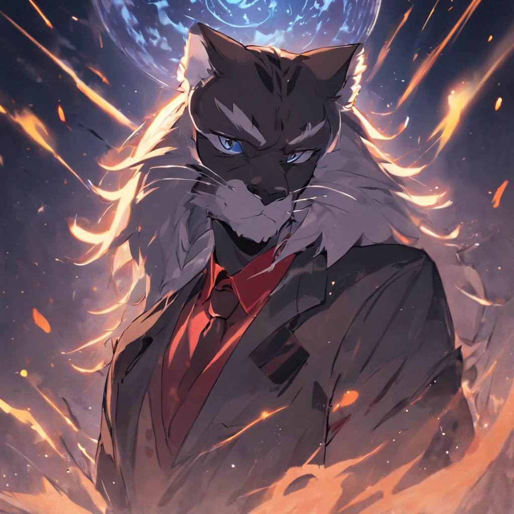 4K, high resolution, Best quality, Masterpiece, perfect colors, perfectly shaded, Perfect lighting, posted on e621, (by Chunie), Furry, anthro, Furry art,Middle-aged and elderly males,Big back,Black and white hair,stubbles,Handsome face,wind coat,Business suit,围巾,cigars,Male Black Panther,Loose facial muscles,Majesty