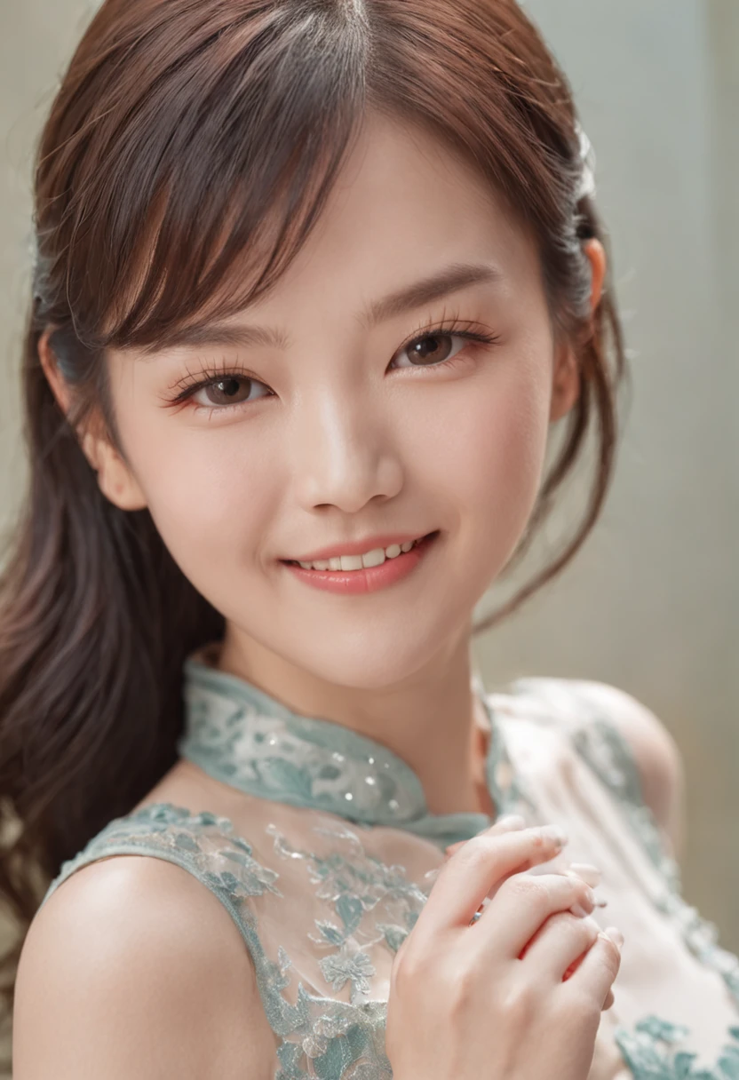 Sunny smiling Chinese girl front photo
