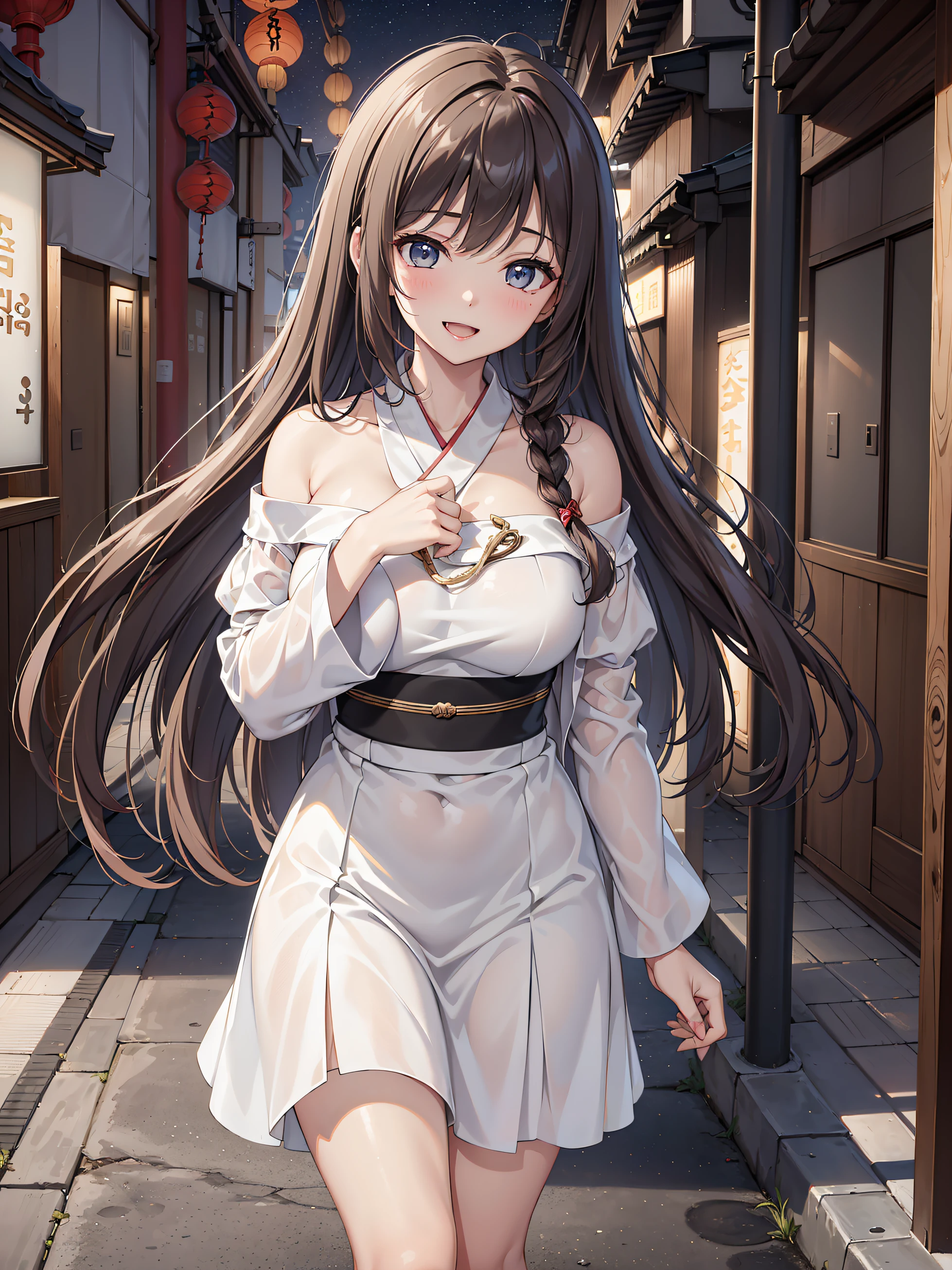(Best quality, 8k, 32k, Masterpiece, UHD:1.2), (realistic:1.5), (masterpiece, Extremely detailed CG unity 8k wallpaper, best quality, highres:1.2), (ultra detailed, UHD:1.2), (full body:1.3), (anime style illustration:1.3), (seductive anime waifu:1.3), (ultra-detailed:1.3), (hyper-sharp:1.3), (insanely detailed:1.3),
BREAK,
(1girl:1.3, solo), (Japanese milf:1.3), adult, single braid hair style, mahogany hair, attractive look, (Korean actress face:1.3), (Japanese idol face:1.3), pretty face, cute,
BREAK,
(wearing a white off-shoulder one-piece dress:1.3), (white classy dress:1.3), (white flaired skirt:1.3), (lace skirt:1.3), (detailed outfit:1.3), BREAK,
(night metropolis street background, blurry background:1.25, simple background), (detailed Ginza street at night under starry sky:1.3), (detailed background:1.3), outdoor, cinematic light, cute, happy, seductive smile, :d, ;p, attractive emotion, BREAK, best ratio four finger and one thumb, perfect anatomy, perfect proportion,