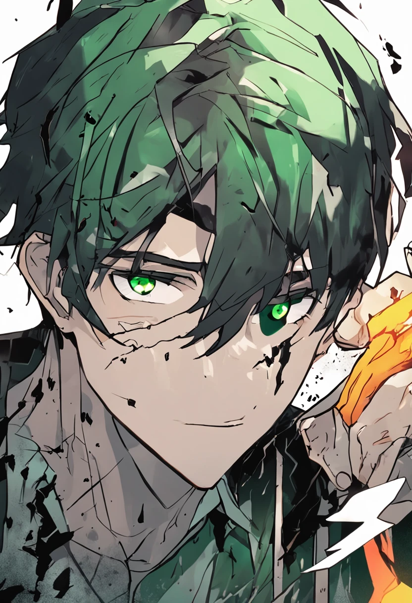 man, green eyes, Dark black round hair, whiskers, Broken wound, Cuts, Hal Words, lightning, cold