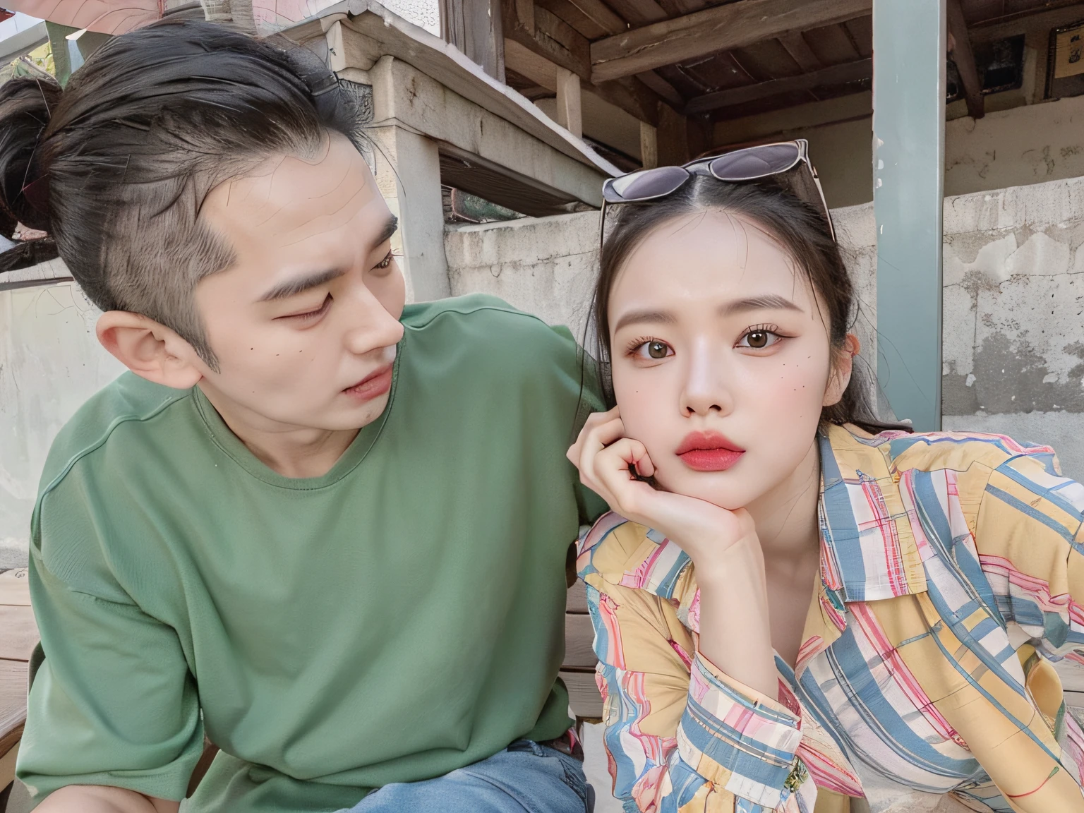 there is a man and woman sitting on a bench talking on the phone, dang my linh, lovely couple, 😭🤮 💔, 🤬 🤮 💕 🎀, ruan jia and brom, couple pose, profile pic, 😭 🤮 💕 🎀, tyler edlin and natasha tan, profile image, couple, profile picture, with ivy, photoshot