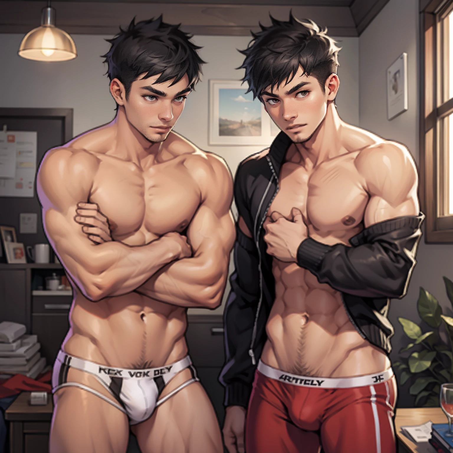 Two boys wearing red erotic underwear，Raised sexy