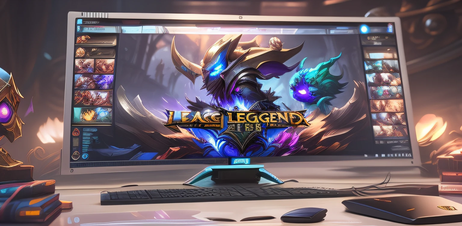 Arafeld computer monitor,There is a game on it,Placed on the table, league of legends splashscreen, league of legends splashart, League of Legends splash screen, league of legends splashart, league of legend illustration, league of legends inspired, league of legends art style, gamer screen on metallic desk, league of legends style art, League of Legends style