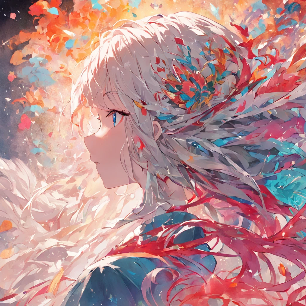 (White background:1.4),(Silhouette of a girl's head, Eyes closed, colorfull long hair, Oriental elements),(Chinese illustration:1.3,paper art:1.3, Quilted paper art:1.2),( reasonable design, Clear lines, High sharpness,Best quality, Very detailed, Masterpiece, movie light effect, 4K )