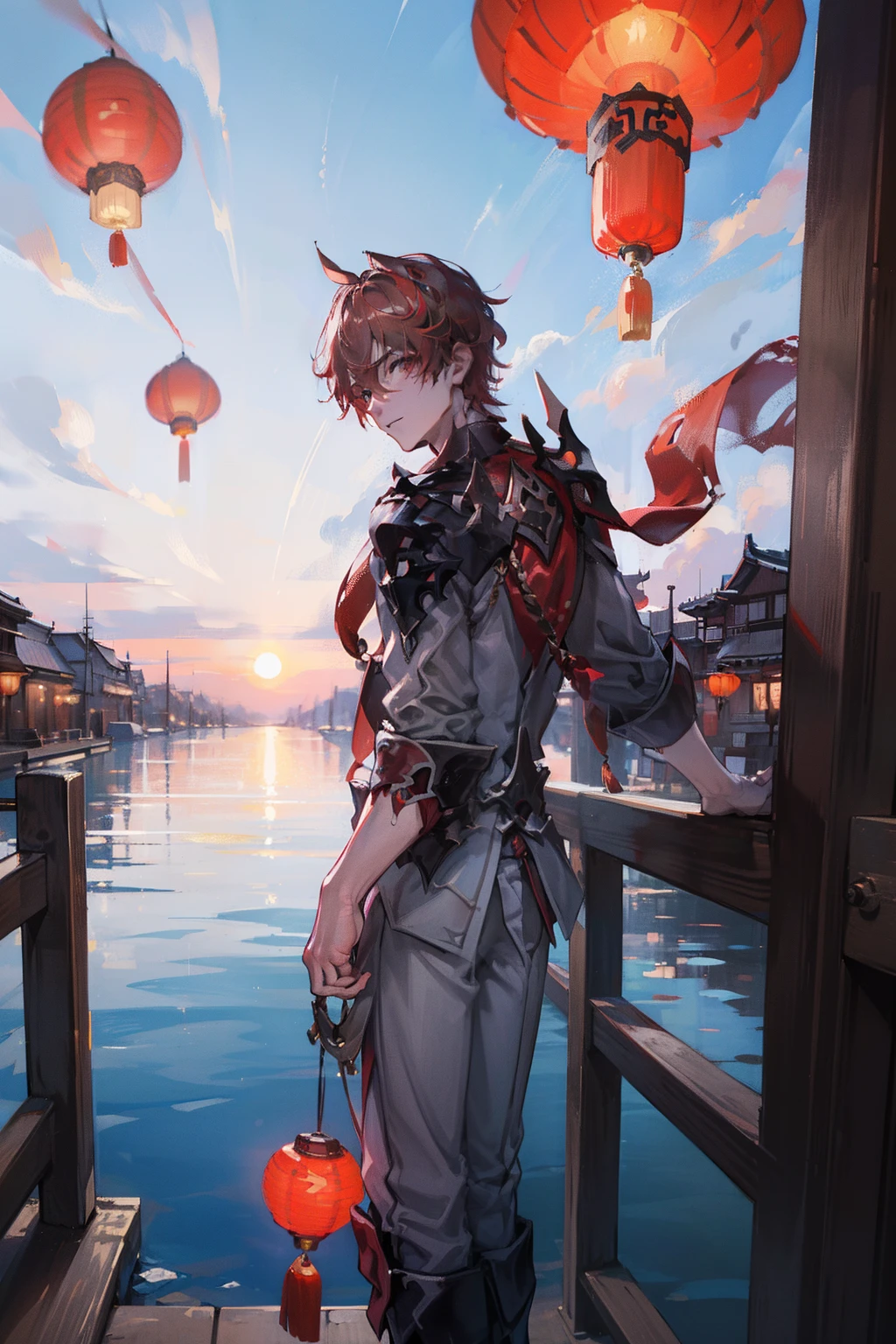 1 male solo, dynamic pose, cinematic shot, orande hair, red mask on side of the head, grey jacket, red scarf, ((old chinese town)), on a pier, sunset, lanterns in the sky