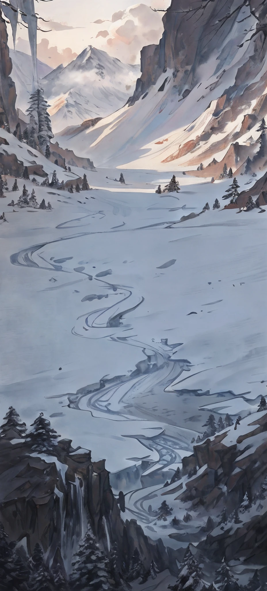 Ice and snow scenes，Mountains in the distance，Chinese feng shui ink style