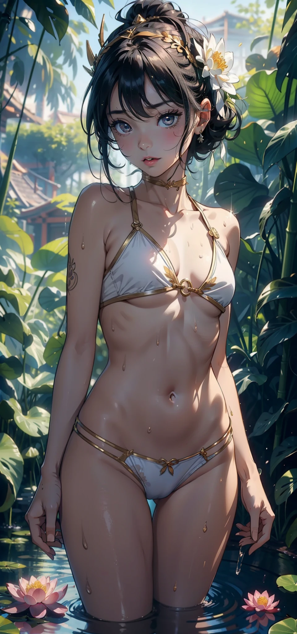 1female， 5，bit girl，Small lolsmallunderboob ，Pornographic exposure， 独奏，（Background with：bamboo forrest，lotuses，lotus flower，exteriors，） She has short black hair，bobo head，Sweat profusely，drenched all over the body，seen from the front， hair straight， mostly cloudy sky，（（（tmasterpiece），（Very detailed CG unity 8K wallpaper），best qualtiy，cinmatic lighting，detailed back ground，beatiful detailed eyes，Bright pupils，Black eyes，（Very fine and beautiful），（Beautiful and detailed eye description），ultra - detailed，tmasterpiece，）），facing at camera，A high resolution，ultra - detailed），，revealing breasts，Bare genitalia，  Bulge，legs are open，Raised sexy，Camel toes，Flushed complexion，Open-mouthed，frontage，White floral headband，Gold Saint Seiya，elemeing：Sailor uniform，Gold wire embroidery，fullnude，with no underpants，）